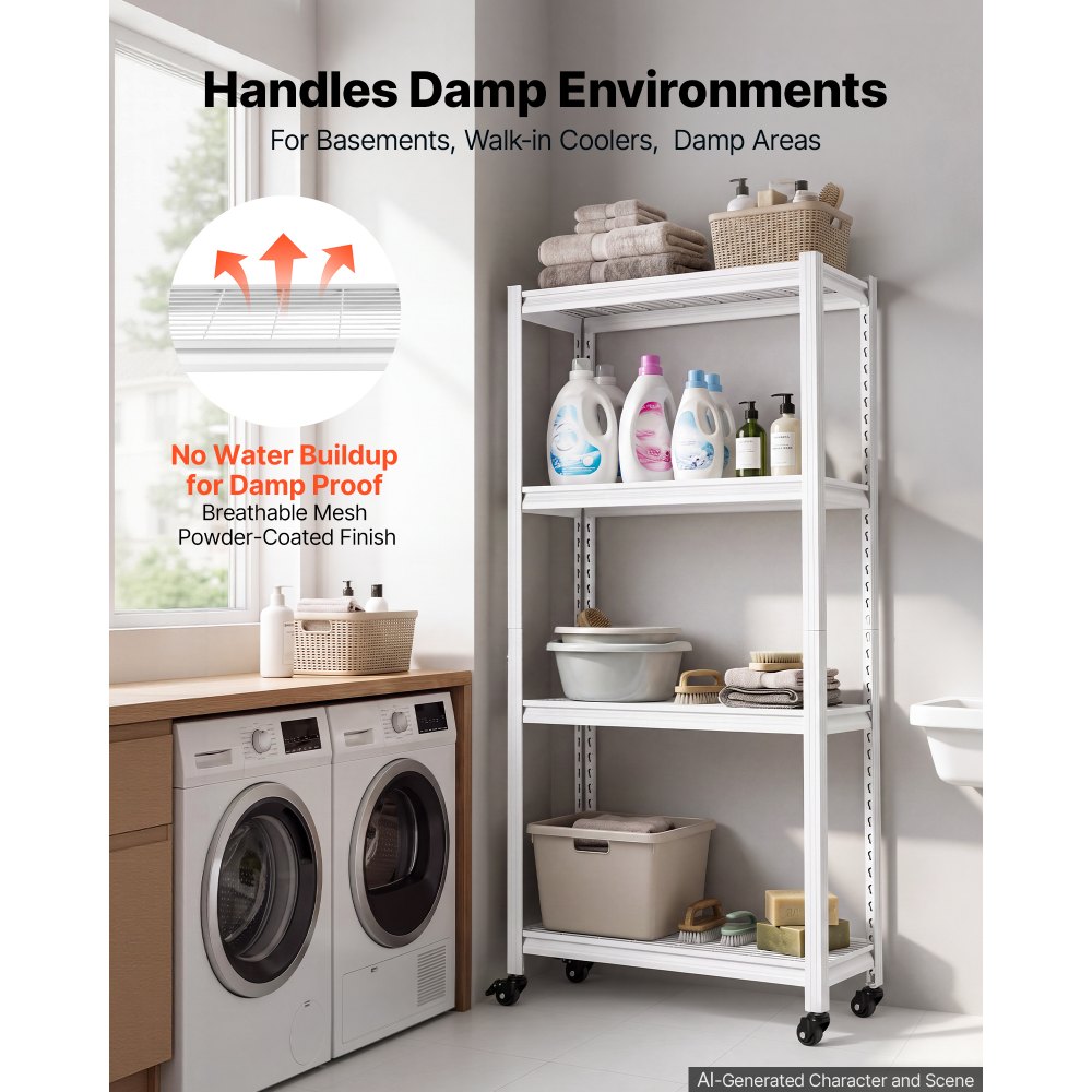 VEVOR Storage Shelves, 4-Tier Garage Shelving Wheels 76.2 x 31.3 x 160 cm, for Garage, Basement, Warehouse, Kitchen, 362.9 kg Static Load, Heavy-Duty Metal Unit, Adjustable Racks, with Gloves, White