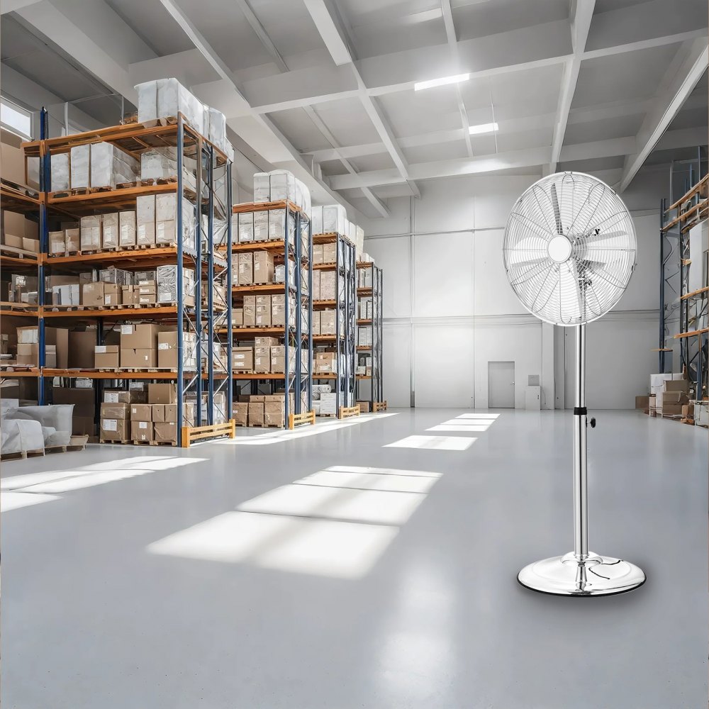 VEVOR Industrieller Standventilator, 398 mm, 75° oszillierender Ventilator, höhenverstellbar, 3 einstellbare Geschwindigkeiten, Luftstrom 1480 CFM, für Lagerhaus, Fabrik, Werkstatt, silber