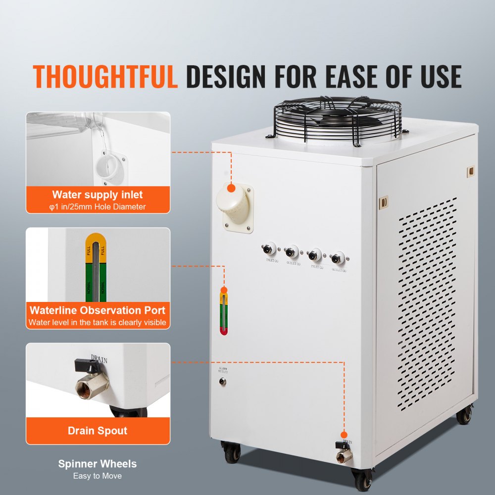 VEVOR Industrieller Wasserkühler, CW6000, 1500 W Wasserkühler-Kühlsystem mit Kompressor, 15 L Wassertankkapazität, 65 L/min max. Durchflussrate, für Kühlmaschine für CO2-Lasergravurmaschinen