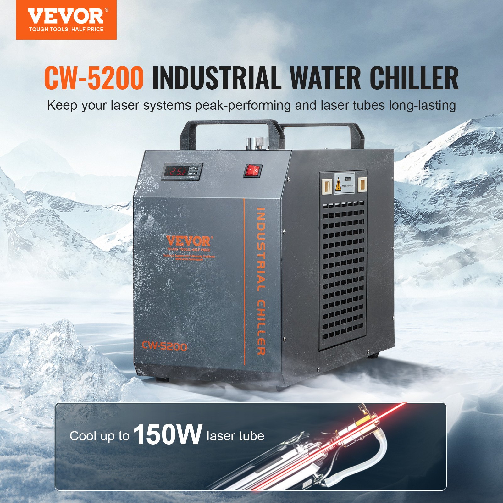 VEVOR Industrieller Wasserkühler, CW-5202, Wasserkühler-Kühlsystem mit eingebautem Kompressor, Wassertankkapazität 7 L, 18 L/min max. Durchflussrate, für Kühlmaschine für CO2-Lasergravurmaschinen