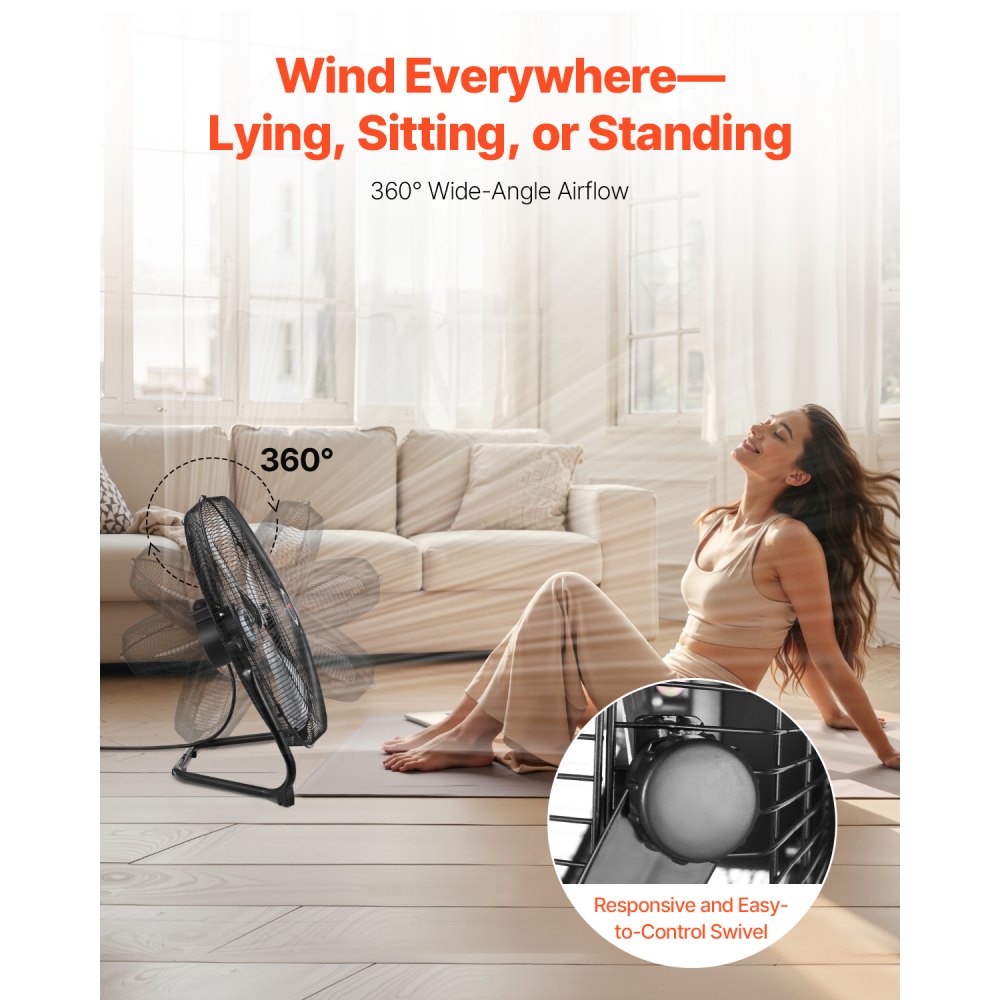 VEVOR Floor Fan, 3 Speeds, Wind Machine, 45 cm Standing Fan, 360° Adjustable Tilt, 6 m/s Airflow, Large Metal Fan, for Home, Gym, Office, Garage, Shop
