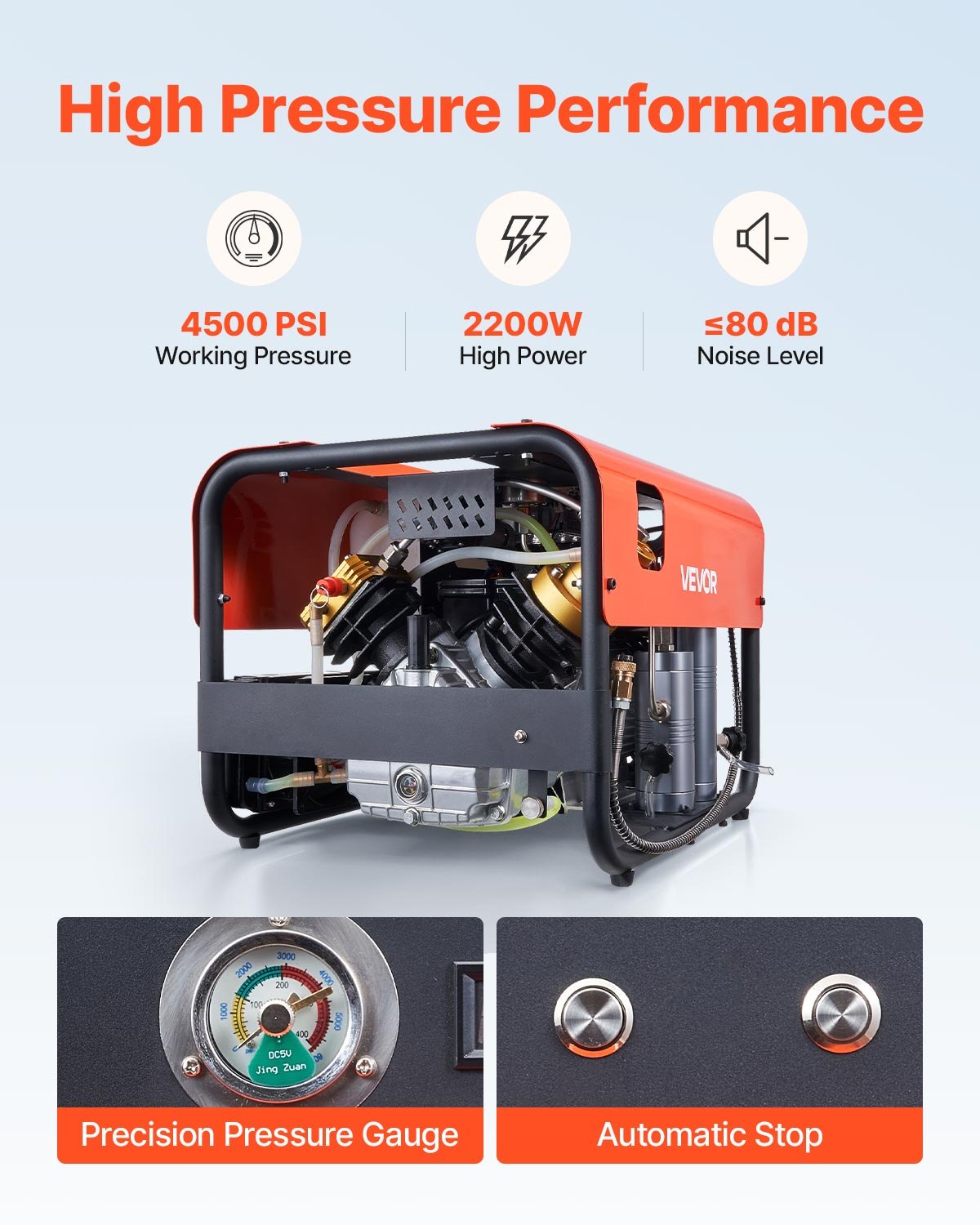 VEVOR PCP-Luftkompressor, 30 MPa, Tauchkompressor mit Doppelzylinder, Auto-Stopp, 35L/min Atemluftkompressor, Wasserkühlungssystem, eingebauter Lüfter, für Tauchflasche, Paintball, Luftgewehr