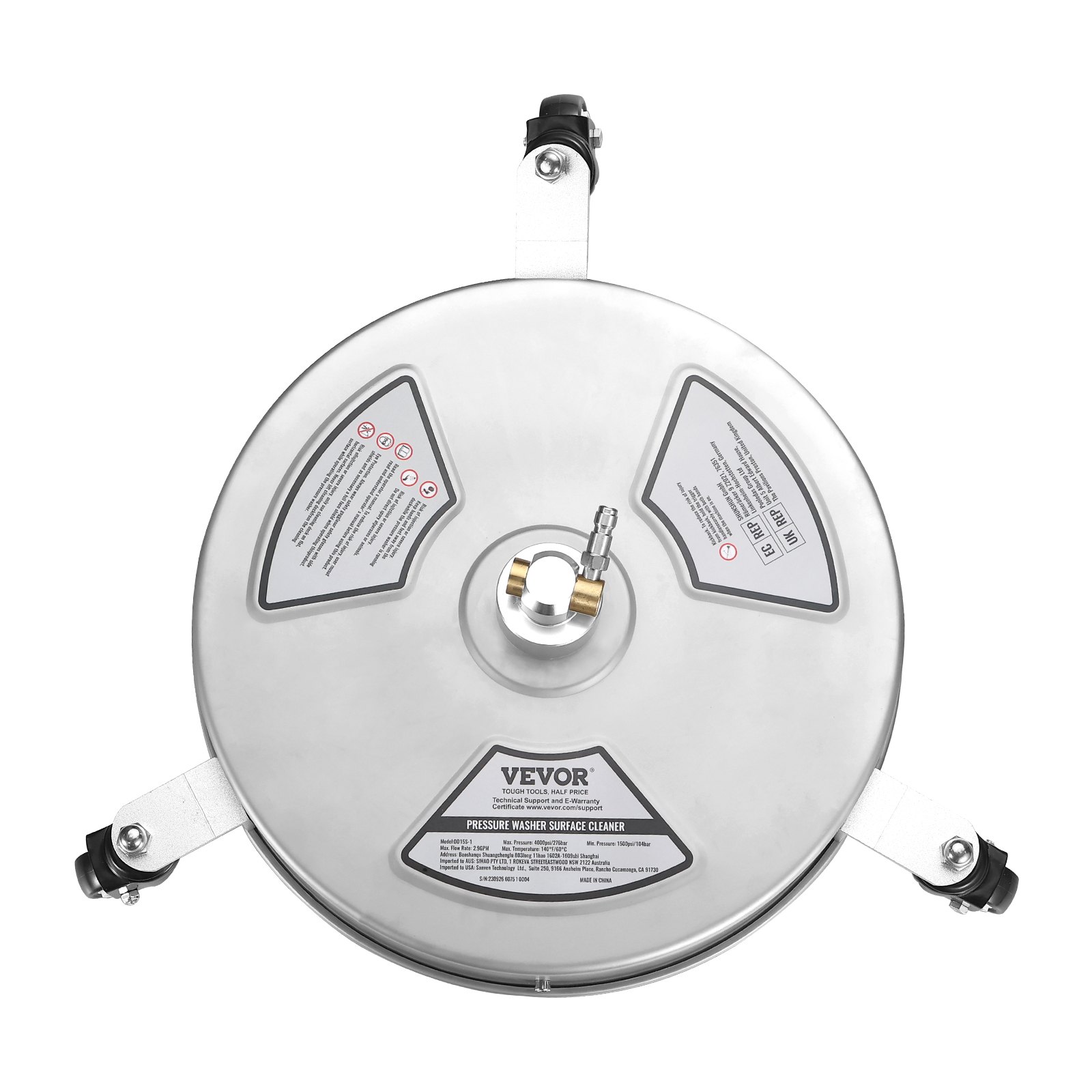 VEVOR Hochdruckreiniger Edelstahl Oberflächenreiniger 3,7L/min Flächenreiniger Hochdruck φ380mm Pflasterreinigungsgerät Max.4000PSI Terrassenreiniger Doppeldüsensystem 0°/15°/25°/40°/65°-Sprühwinkel