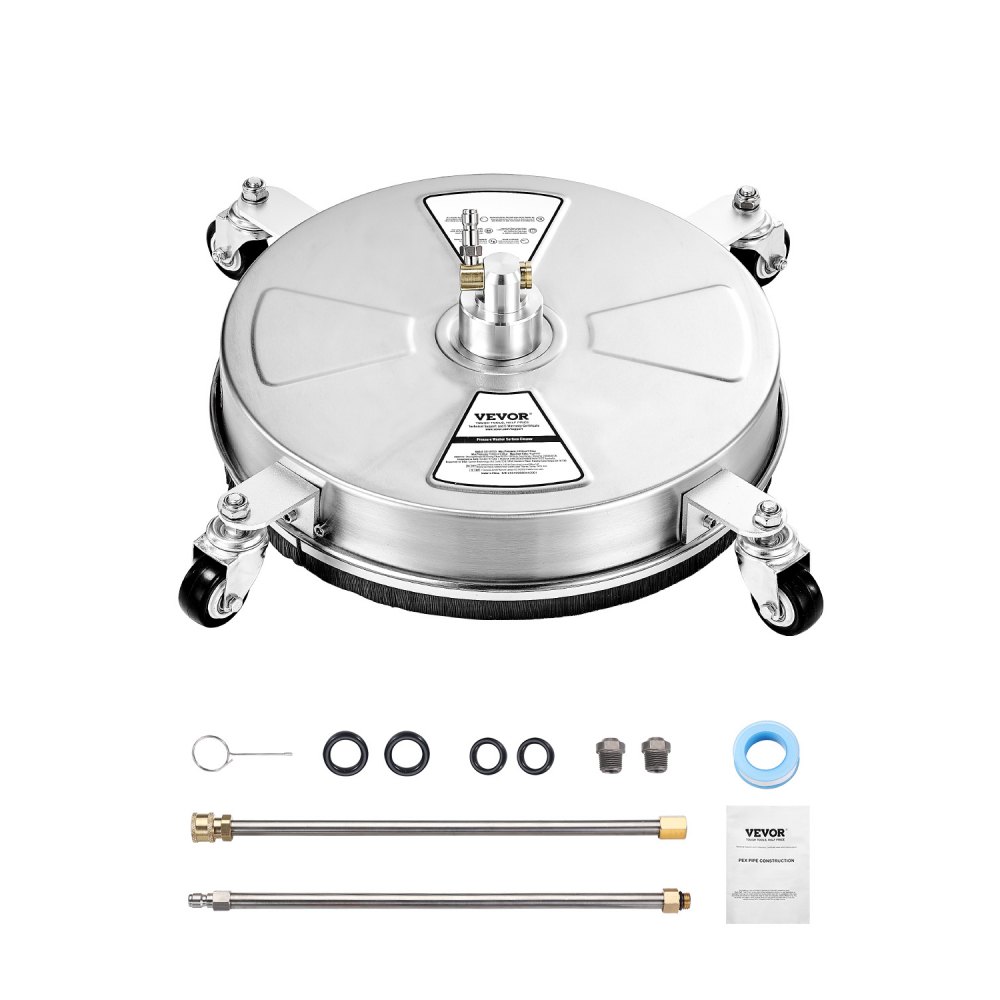 VEVOR 430 mm Hochdruckreiniger-Oberflächenreiniger, Flächenreiniger aus Edelstahl mit 4 Rädern, max. 4000 PSI, 1/4 Zoll Schnellanschluss, 2 Sprühdüsen, 2 verlängerte Stäbe für Beton, Terrasse, Deck