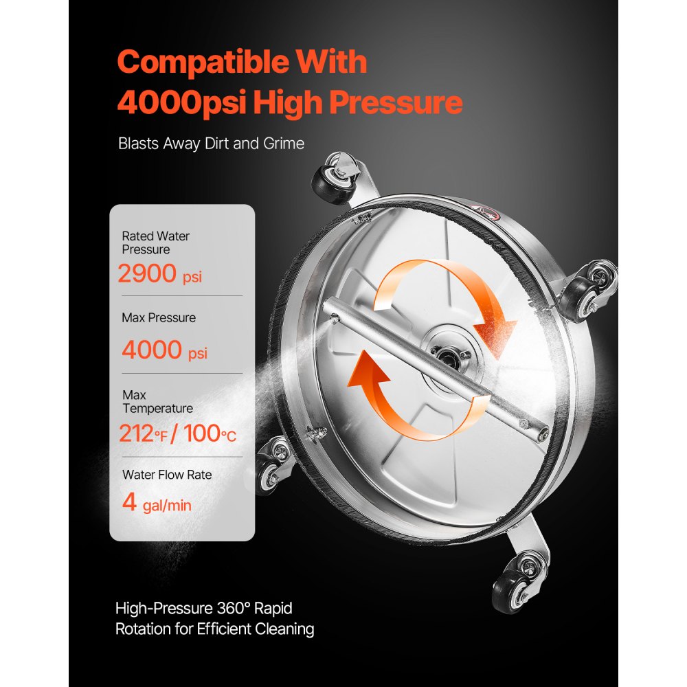 VEVOR 430 mm High Pressure Washer Surface Cleaner, Stainless Steel Surface Cleaner with 4 Wheels, Max. 4000 PSI, 1/4 Inch Quick Connection, 2 Spray Nozzles, 2 Extended Poles for Concrete, Patio, Deck