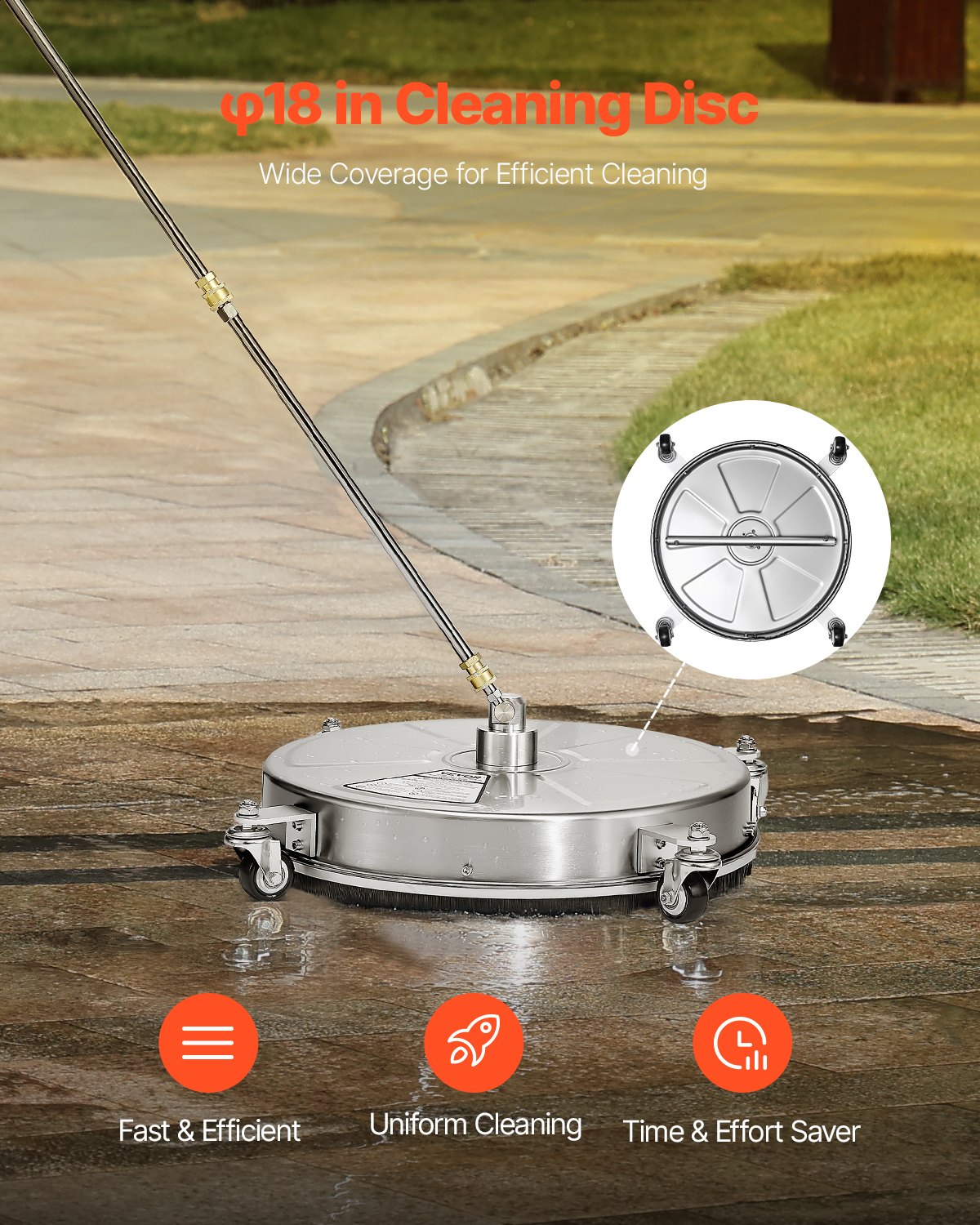 VEVOR 465 mm Hochdruckreiniger-Oberflächenreiniger, Flächenreiniger aus Edelstahl mit 4 Rädern, max. 4000 PSI, 1/4-Zoll-Schnellanschluss, 2 Sprühdüsen, 2 verlängerte Stäbe für Beton, Terrasse, Deck