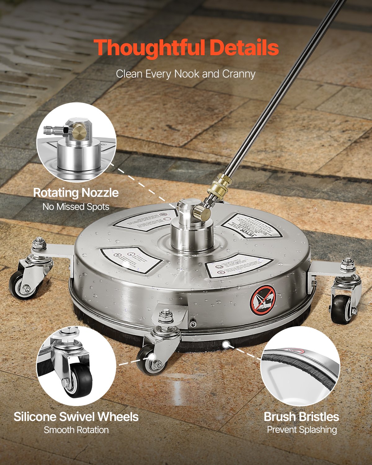 VEVOR 325 mm Hochdruckreiniger, Oberflächenreiniger, Flächenreiniger aus Edelstahl mit 4 Rädern, max. 4000 PSI, 6,35 mm Schnellanschluss, 2 Sprühdüsen, 2 verlängerte Stäbe für Beton, Terrasse, Deck