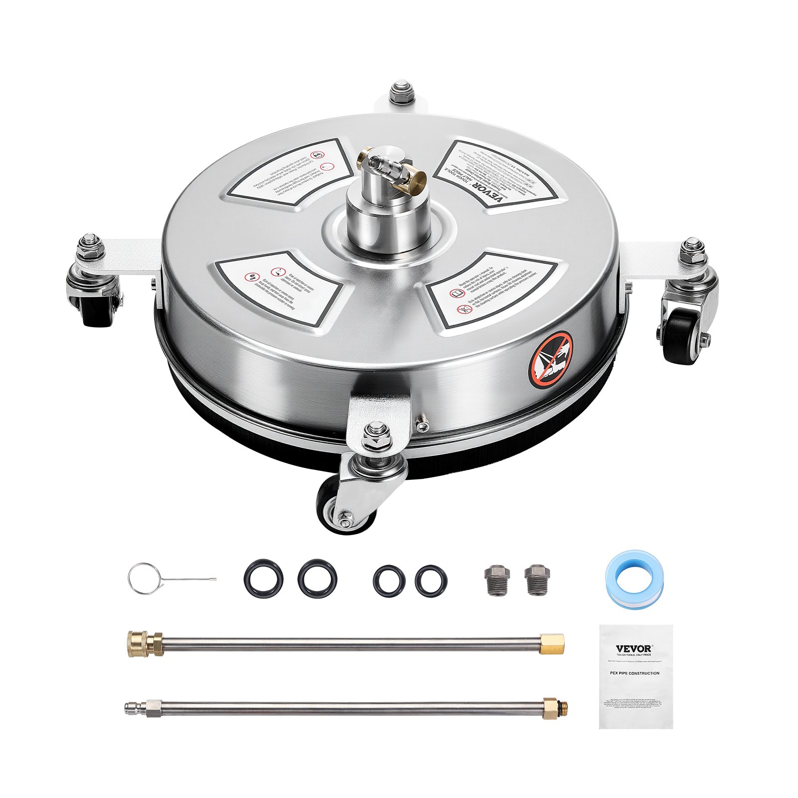 VEVOR 325 mm Hochdruckreiniger, Oberflächenreiniger, Flächenreiniger aus Edelstahl mit 4 Rädern, max. 4000 PSI, 6,35 mm Schnellanschluss, 2 Sprühdüsen, 2 verlängerte Stäbe für Beton, Terrasse, Deck