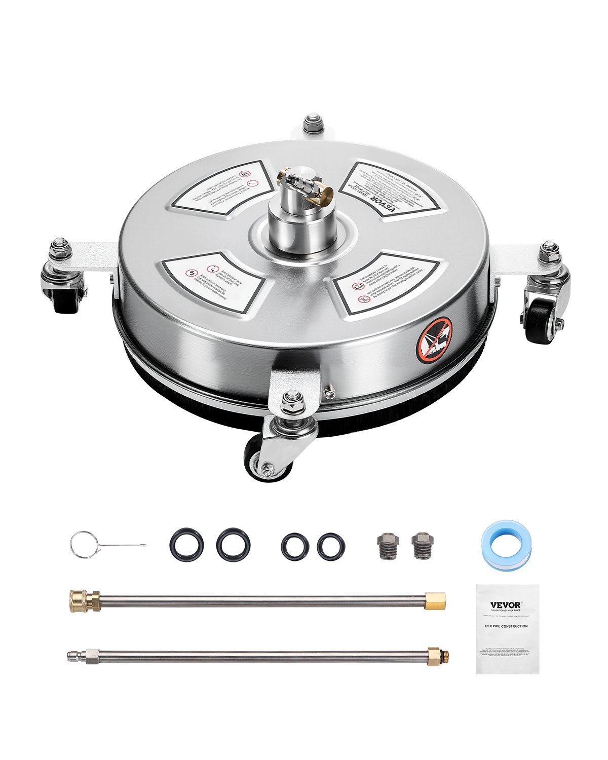 VEVOR 325 mm Hochdruckreiniger, Oberflächenreiniger, Flächenreiniger aus Edelstahl mit 4 Rädern, max. 4000 PSI, 6,35 mm Schnellanschluss, 2 Sprühdüsen, 2 verlängerte Stäbe für Beton, Terrasse, Deck