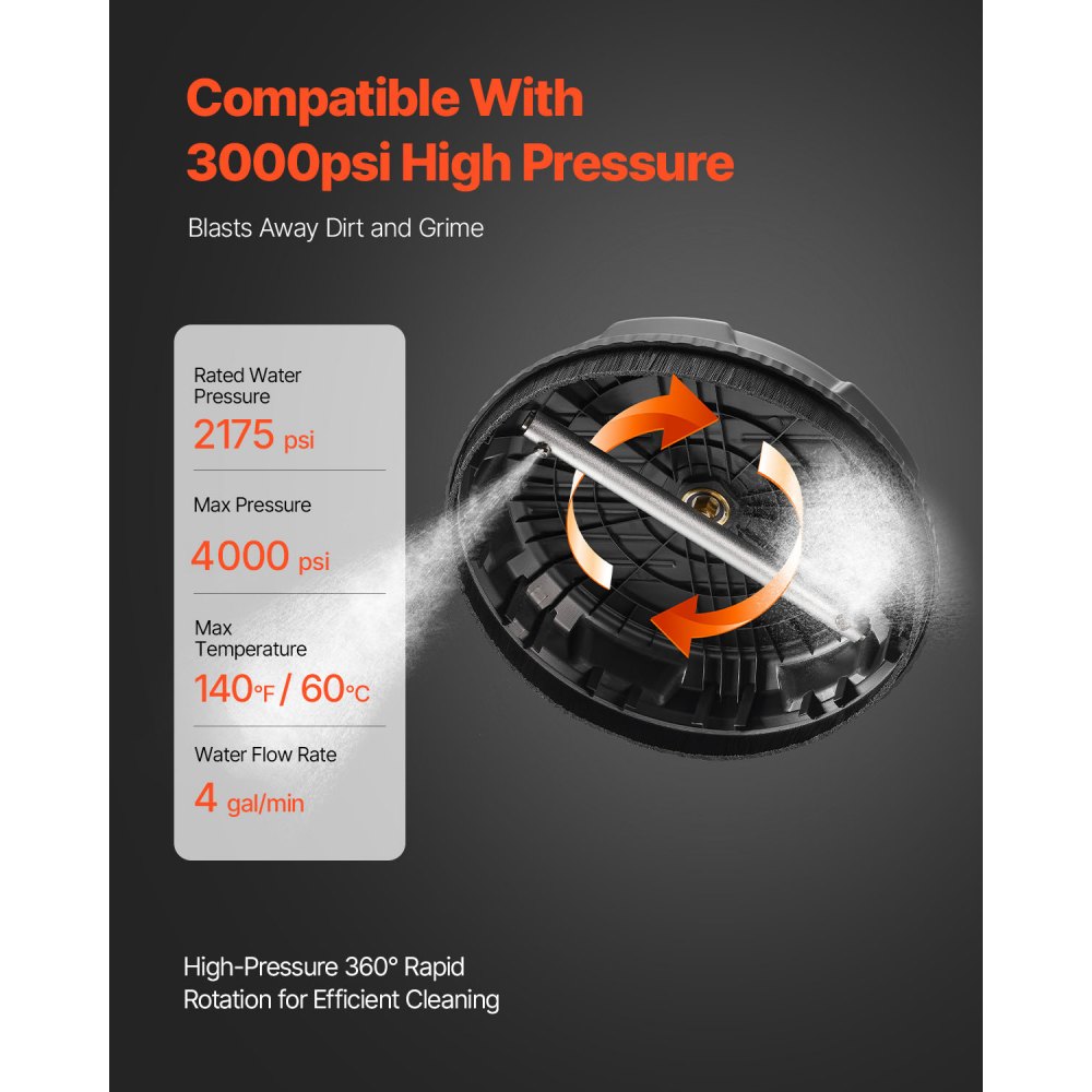 VEVOR 385 mm Hochdruckreiniger-Oberflächenreiniger, Flächenreiniger-Aufsatz aus Kunststoff auf Rädern, 276 Bar max. 0,635 cm Anschlussstück, 2 Sprühdüsen für Beton, Gehweg, schwarz