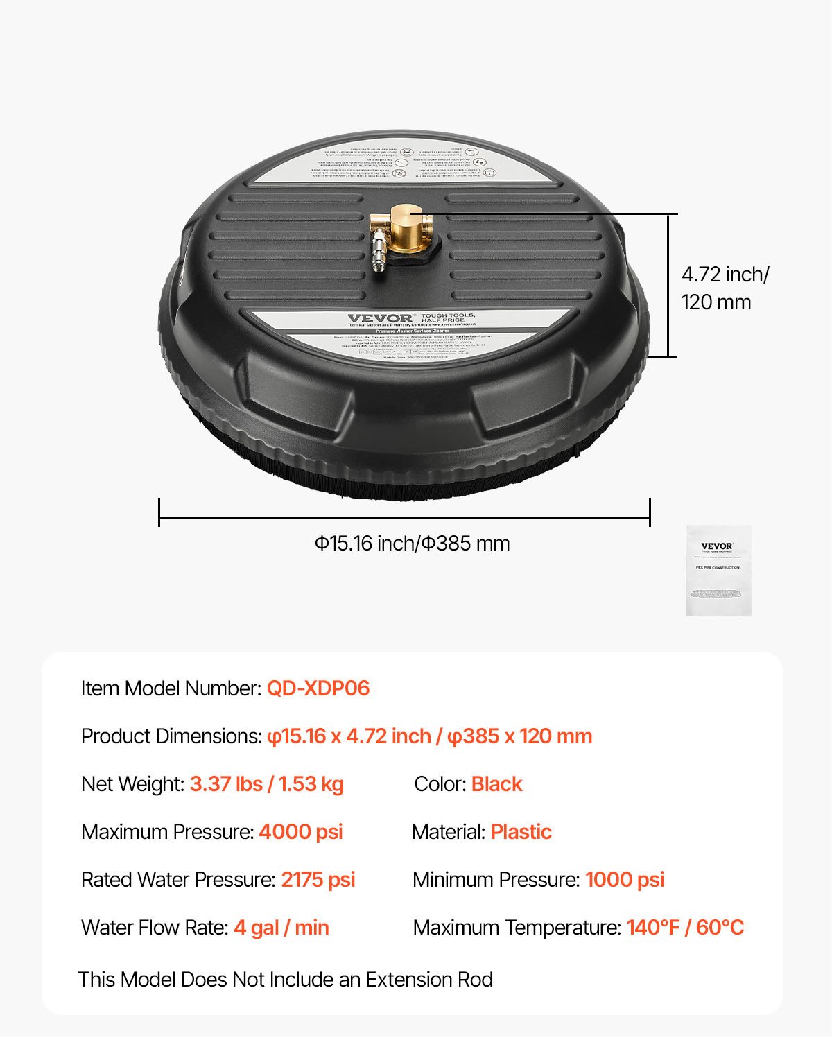 VEVOR 385 mm Hochdruckreiniger-Oberflächenreiniger, Flächenreiniger-Aufsatz aus Kunststoff auf Rädern, 276 Bar max. 0,635 cm Anschlussstück, 2 Sprühdüsen für Beton, Gehweg, schwarz