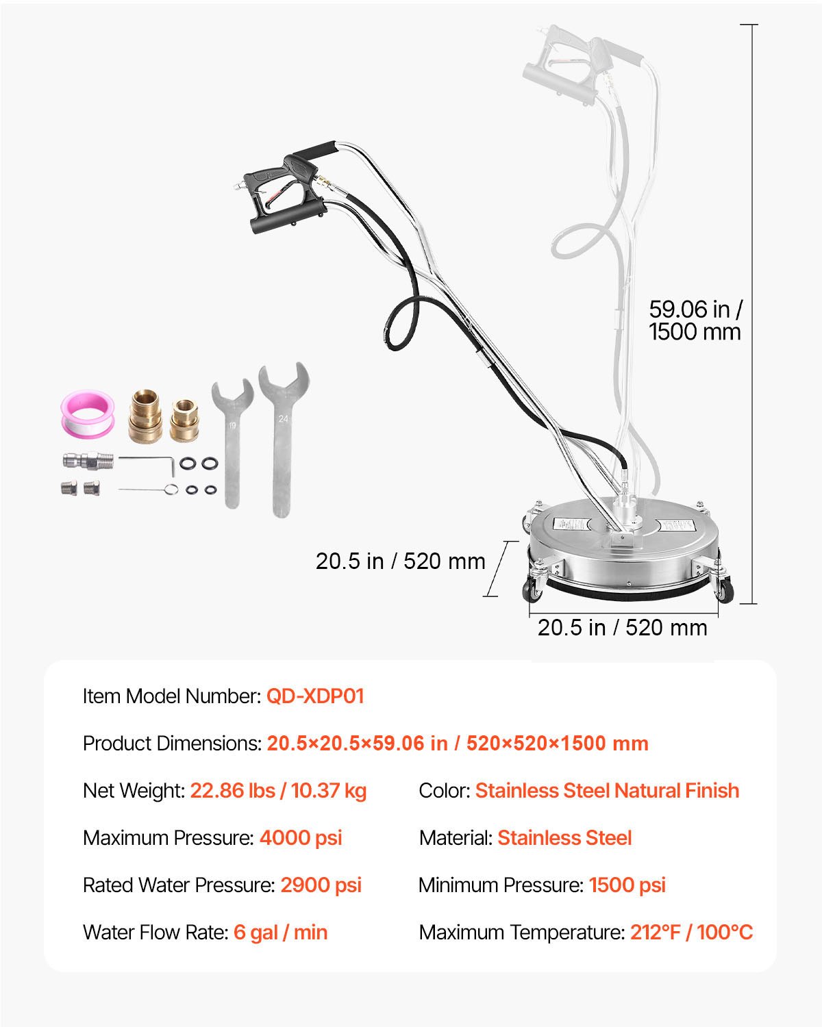 VEVOR High Pressure Washer φ520 mm Surface Cleaner, Stainless Steel Surface Cleaner with 4 Wheels, 310 bar, 3/8-inch Quick Connection, 2 Spray Nozzles, Double Handle, for Concrete, Patio, Walkway