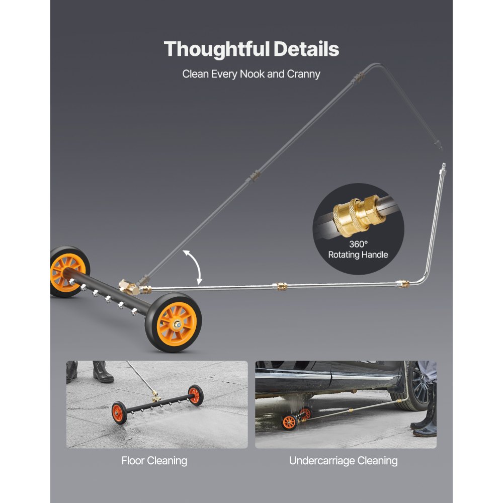 VEVOR 590 mm High Pressure Washer Underbody Cleaner, Stainless Steel Surface Cleaner, max. 4000 PSI, Angle Adjustment Gear, 7 Spray Nozzles, 2 Extended Poles for Driveway, Patio, Deck