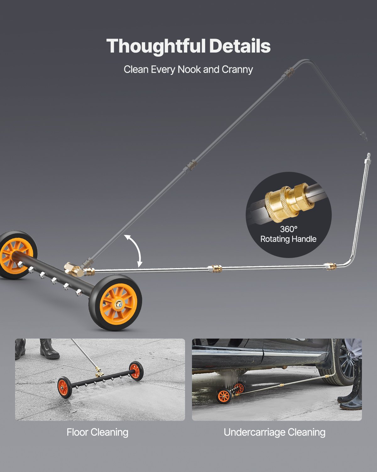 VEVOR 590 mm High Pressure Washer Underbody Cleaner, Stainless Steel Surface Cleaner, max. 4000 PSI, Angle Adjustment Gear, 7 Spray Nozzles, 2 Extended Poles for Driveway, Patio, Deck