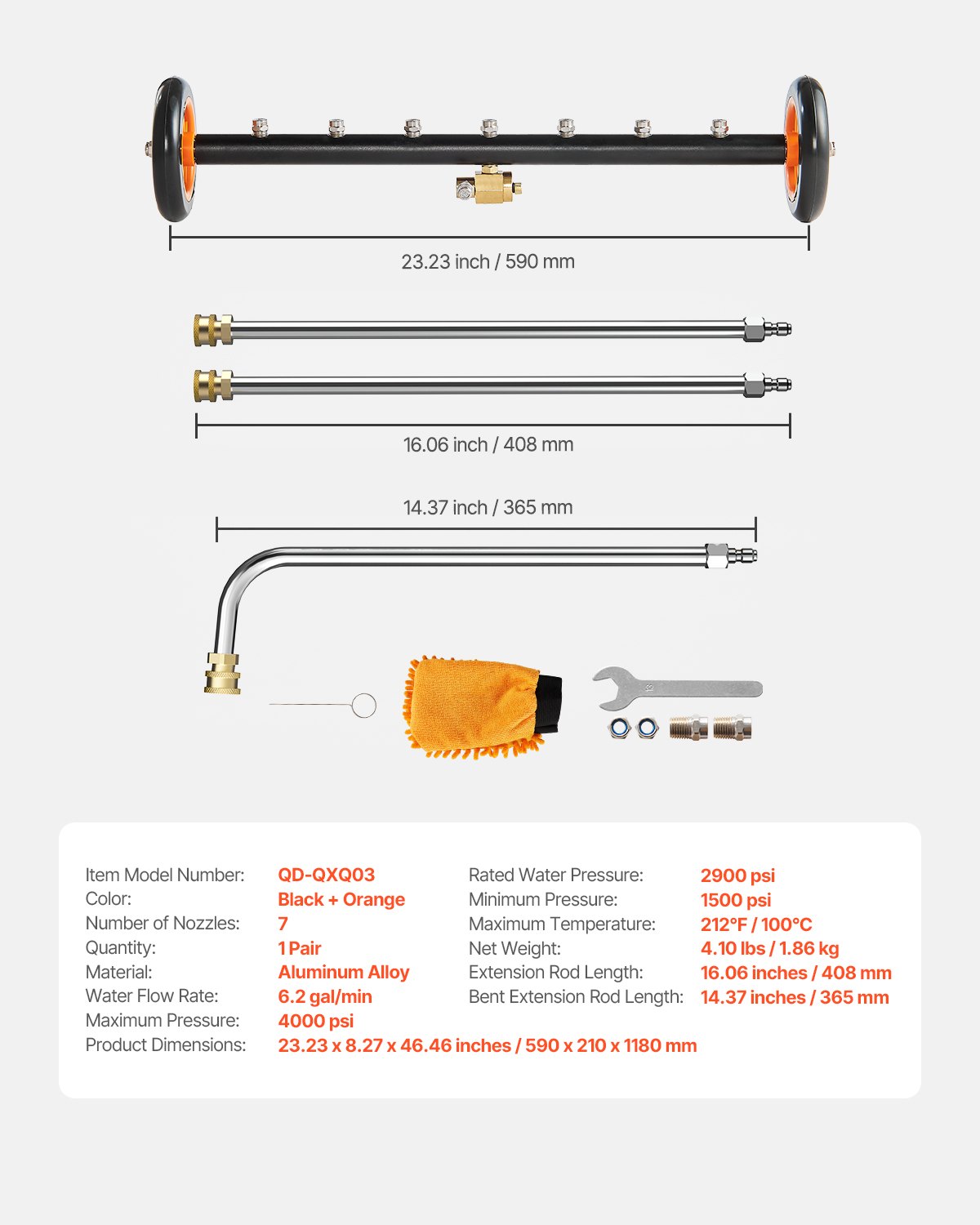 VEVOR 590 mm High Pressure Washer Underbody Cleaner, Stainless Steel Surface Cleaner, max. 4000 PSI, Angle Adjustment Gear, 7 Spray Nozzles, 2 Extended Poles for Driveway, Patio, Deck