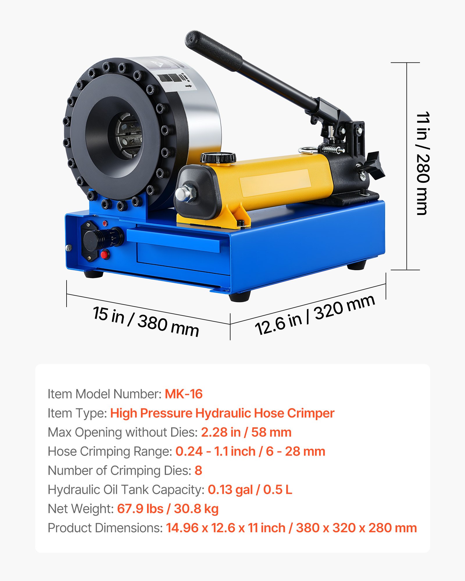 VEVOR Schlauch Crimper, Schlauch-Crimpwerkzeug mit 8 Matrizen & einem Crimpbereich von 6 bis 28 mm, für Niederdruck- & Hochdruck-Ölleitungen, Gas-/Wasser-/Klimaanlagenschläuche & Kabelverbindungen