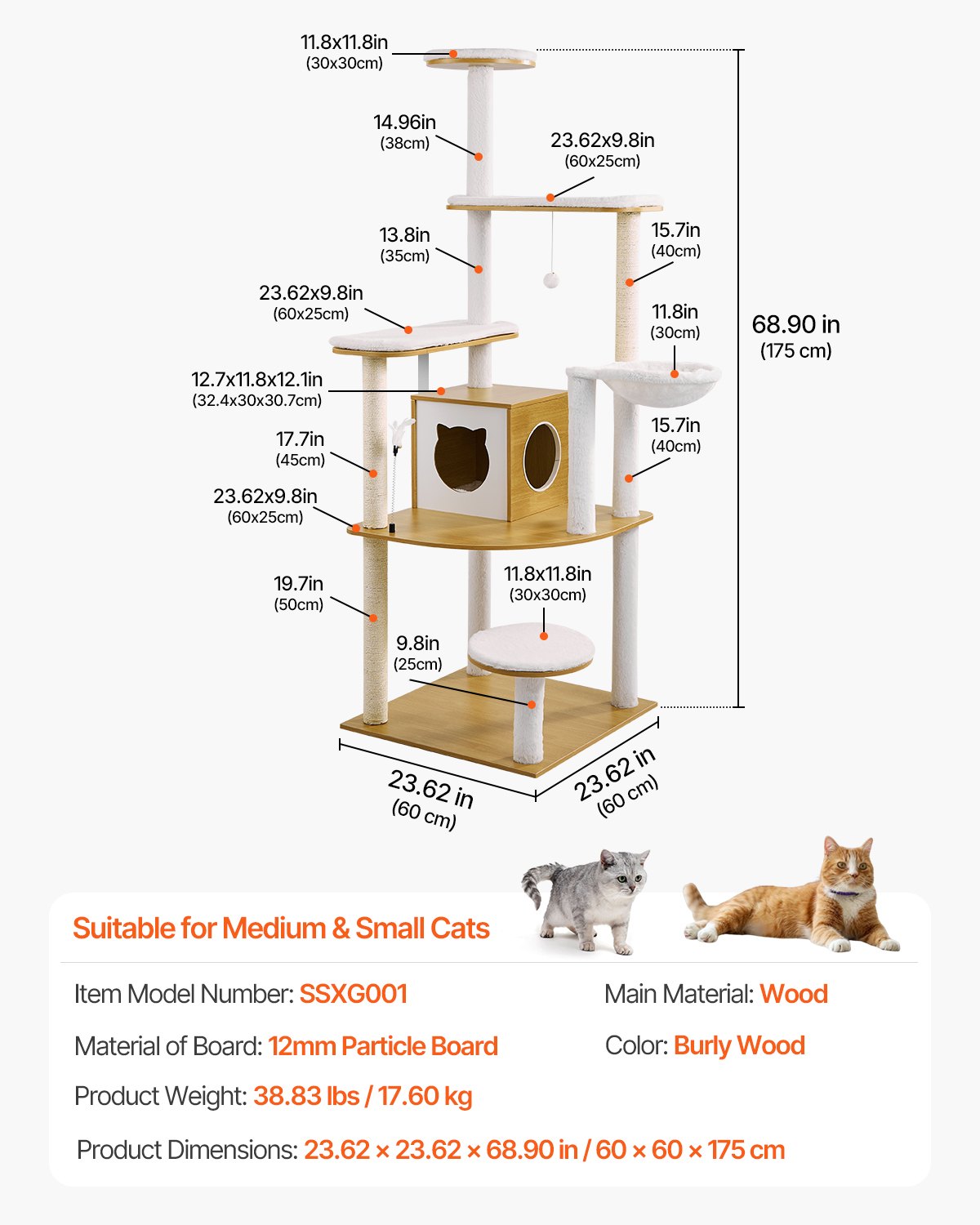 VEVOR Cat Tree, 600x600x1750mm Large Climbing Tree, Cat Scratching Post, Multi-Level Indoor Activity Center with Comfortable Perch, Sisal Cat Tree, Hammock, Playhouse Resting Place for Kittens