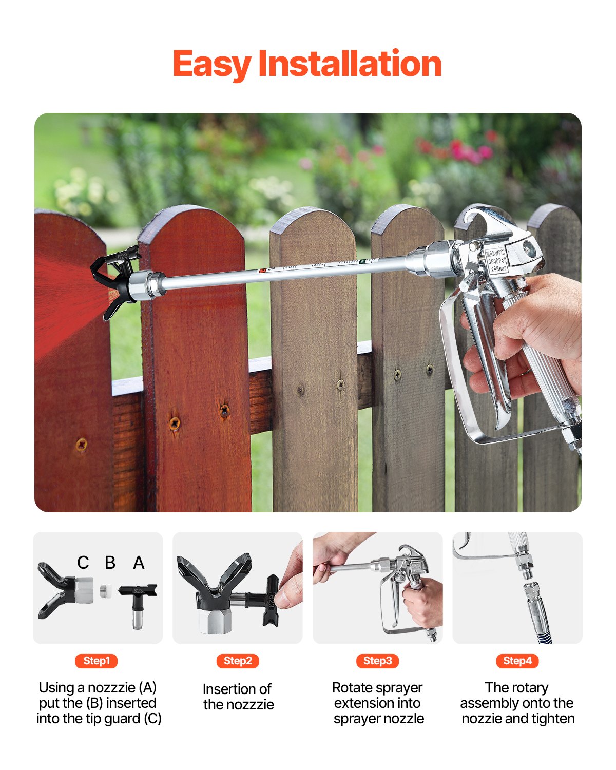 VEVOR Airless Farbspritzpistole und Schlauch Set, 3600 PSI Farbspritzschlauch-Set mit 5 Spitzen, 211, 315, 417, 517, 623, Airless-Spritzpistolen-Set mit Filtern, Schlauch und Verlängerungsstangen