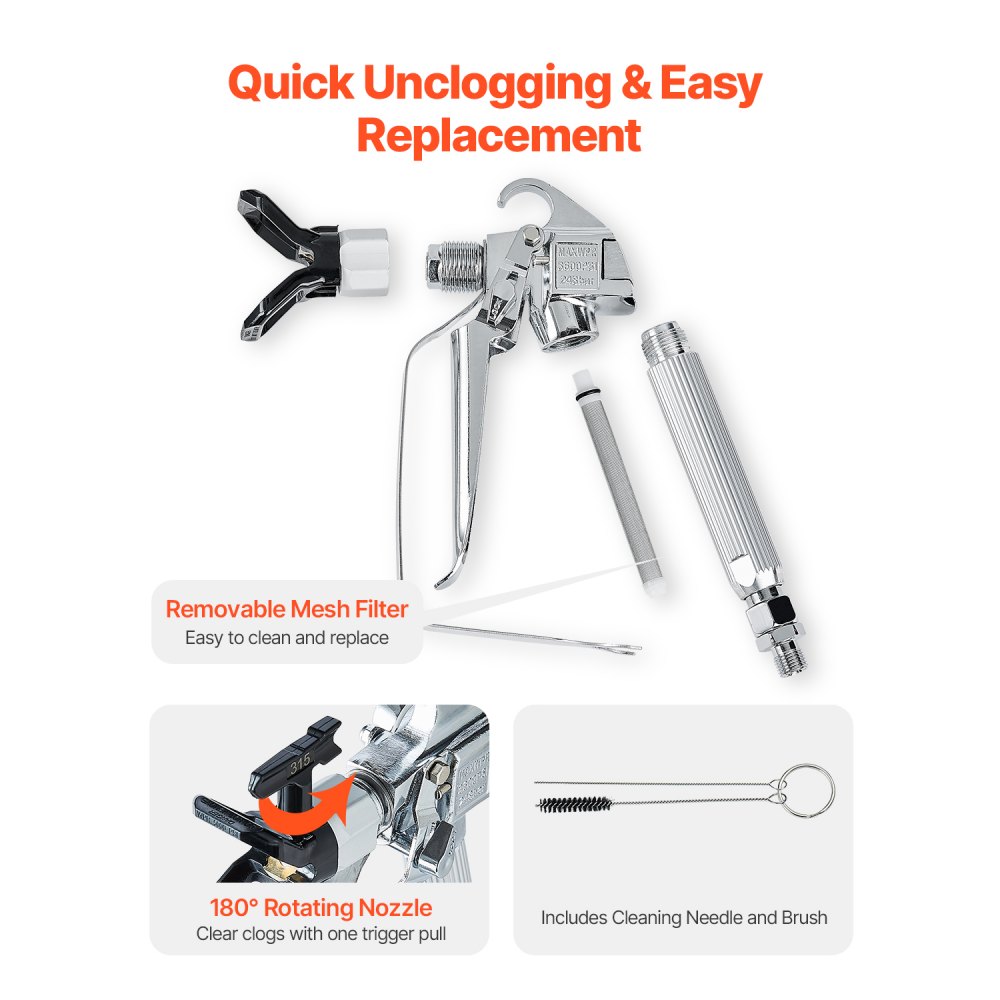VEVOR Airless-Farbspritzpistole 3600 psi Hochdruck-Airless-Farbspritzpistole mit 517-Düse, Drehgelenk-Airless-Spritzpistolen-Set mit Filtern, Reinigungsnadel und Bürste, für Airless-Spritzmaschine