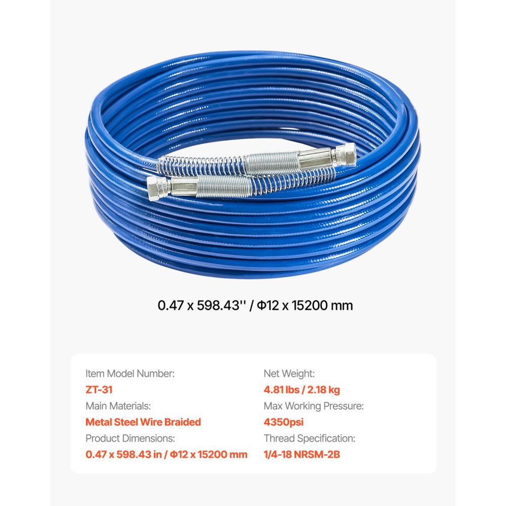 VEVOR 15.2 m Airless Paint Spray Hose, 1/4 Inch Airless Paint Spray Hose, 4350 PSI Flexible Airless Spray Hose, Multi-Layer Reinforced Steel Wire Braided Hose for Paint Sprayer