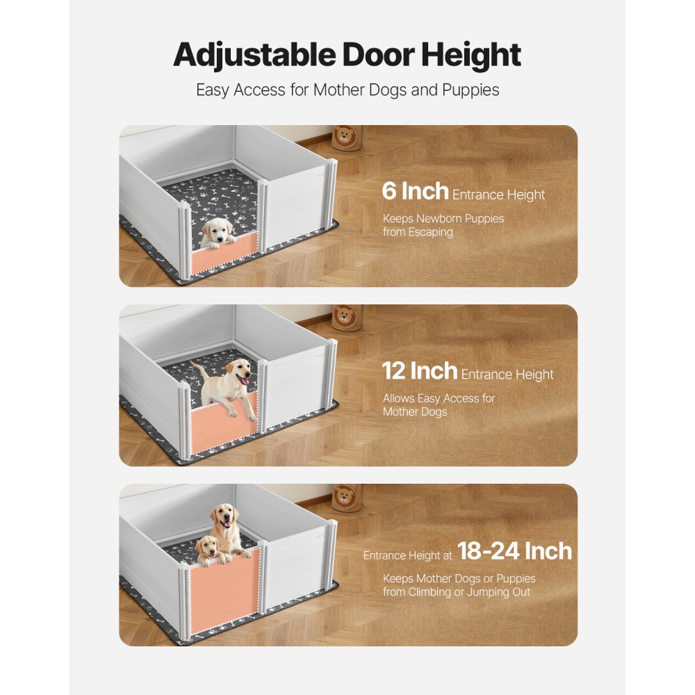 VEVOR Wurfkiste für Hunde, 1520x1520x610 mm, Welpenlaufstall aus Kunststoff-PVC mit höhenverstellbarer Tür & waschbarer Pipi-Unterlage, Welpenkiste für extra große Hunde, milchweiß