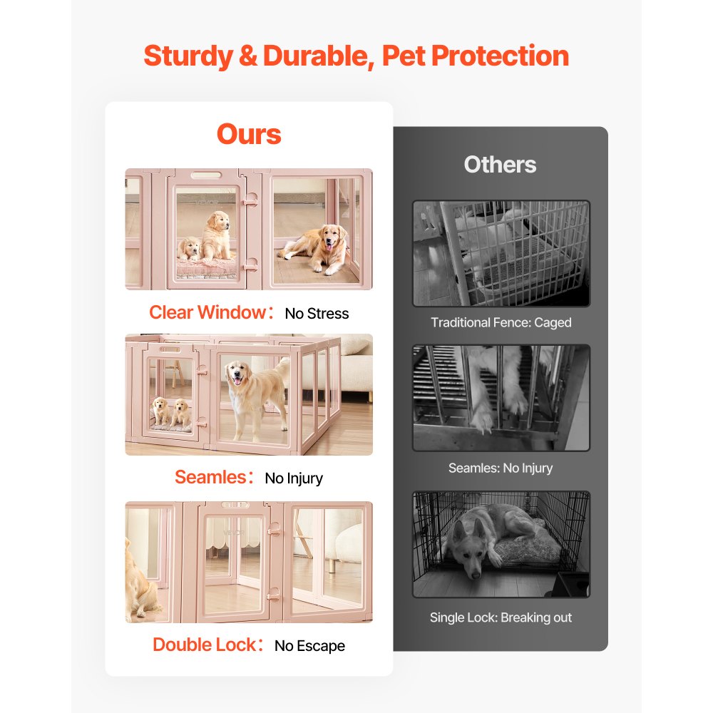 VEVOR Wurfkiste für Welpen, 1540x1500x600 mm, Welpenlaufstall, mit transparenten Fenstern und Schloss, pinken Rahmen, Hundelaufstall, Tierauslauf, Hunde Wurfbox für extra große Hunde