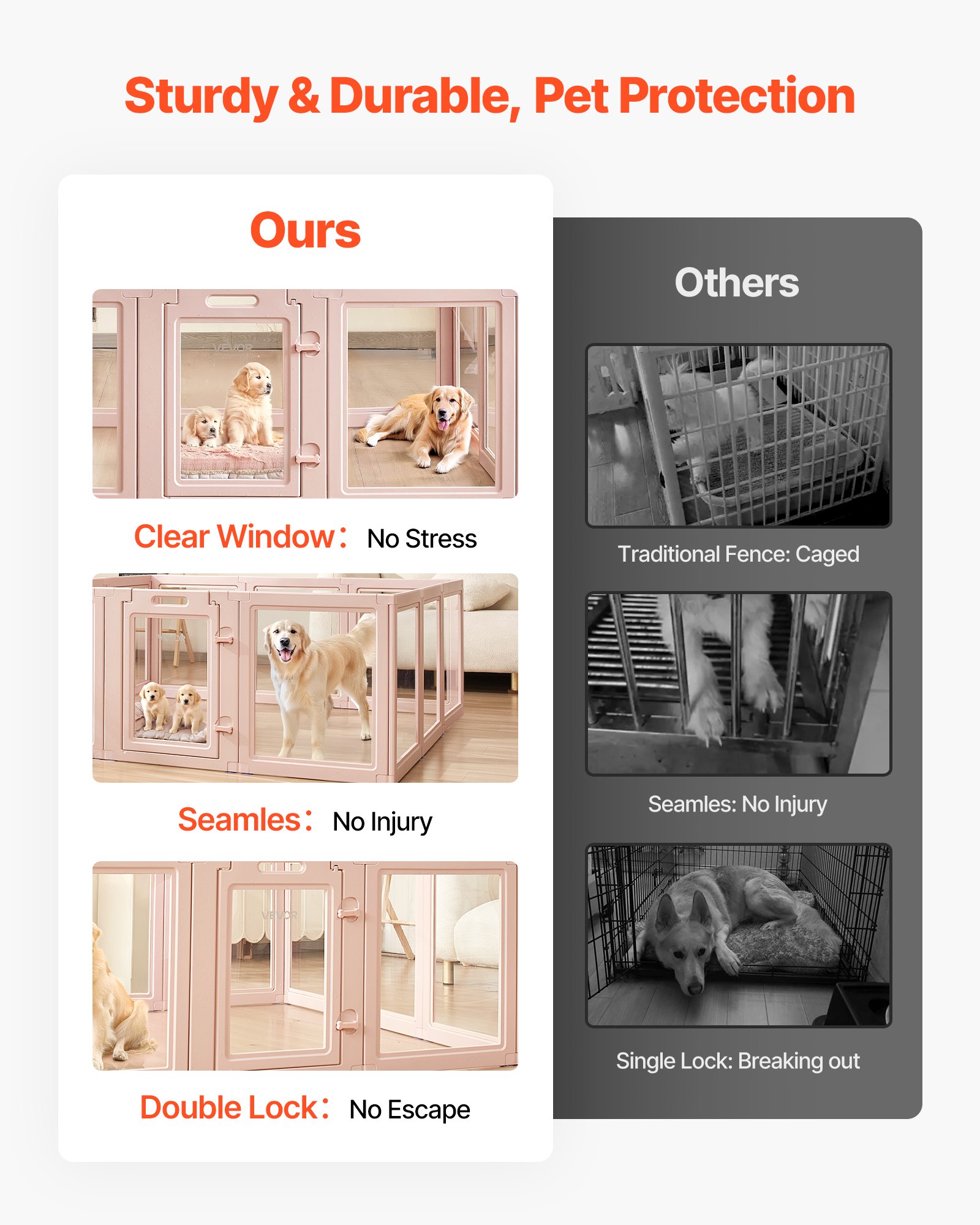 VEVOR Wurfkiste für Welpen, 1540x1500x600 mm, Welpenlaufstall, mit transparenten Fenstern und Schloss, pinken Rahmen, Hundelaufstall, Tierauslauf, Hunde Wurfbox für extra große Hunde