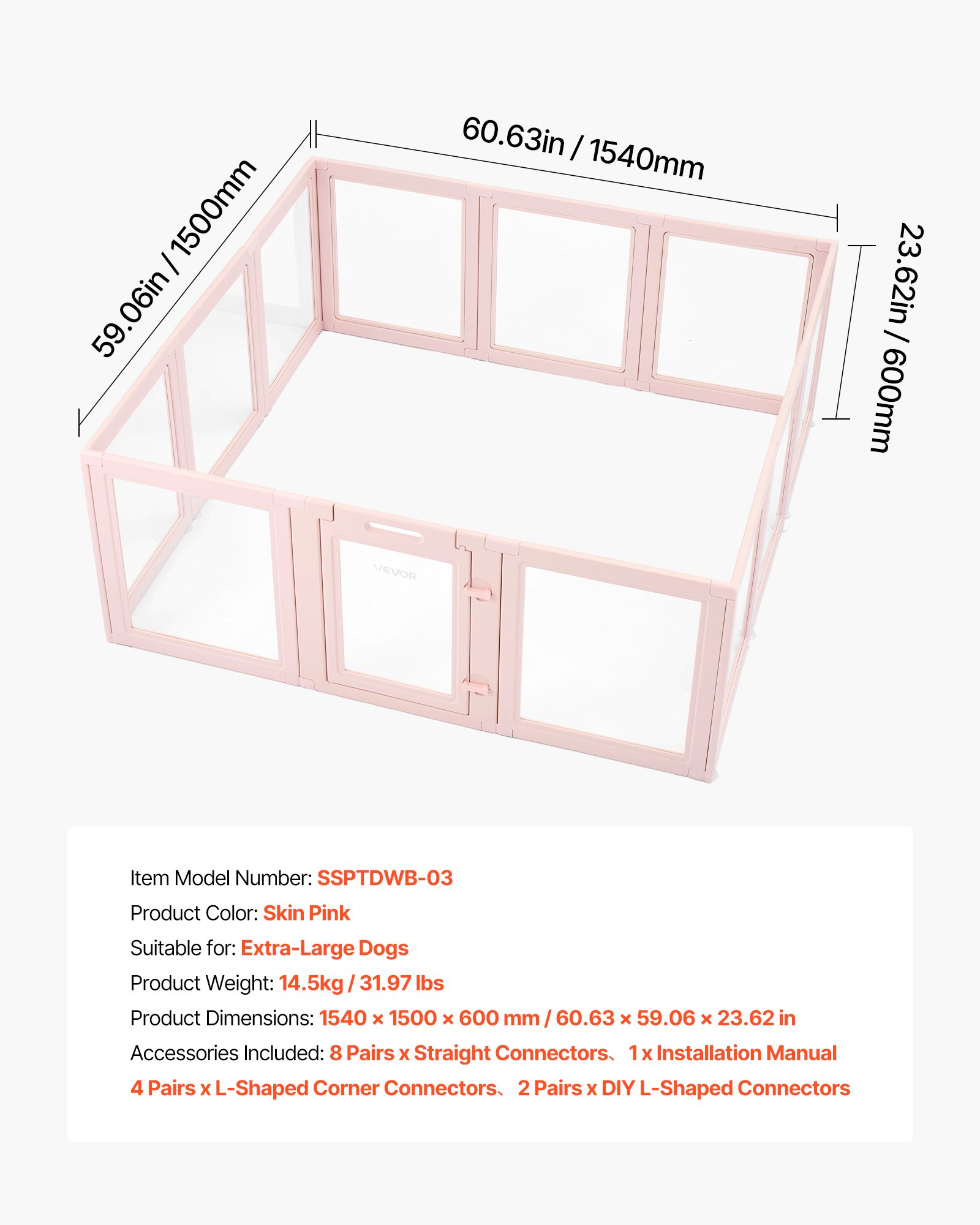 VEVOR Wurfkiste für Welpen, 1540x1500x600 mm, Welpenlaufstall, mit transparenten Fenstern und Schloss, pinken Rahmen, Hundelaufstall, Tierauslauf, Hunde Wurfbox für extra große Hunde