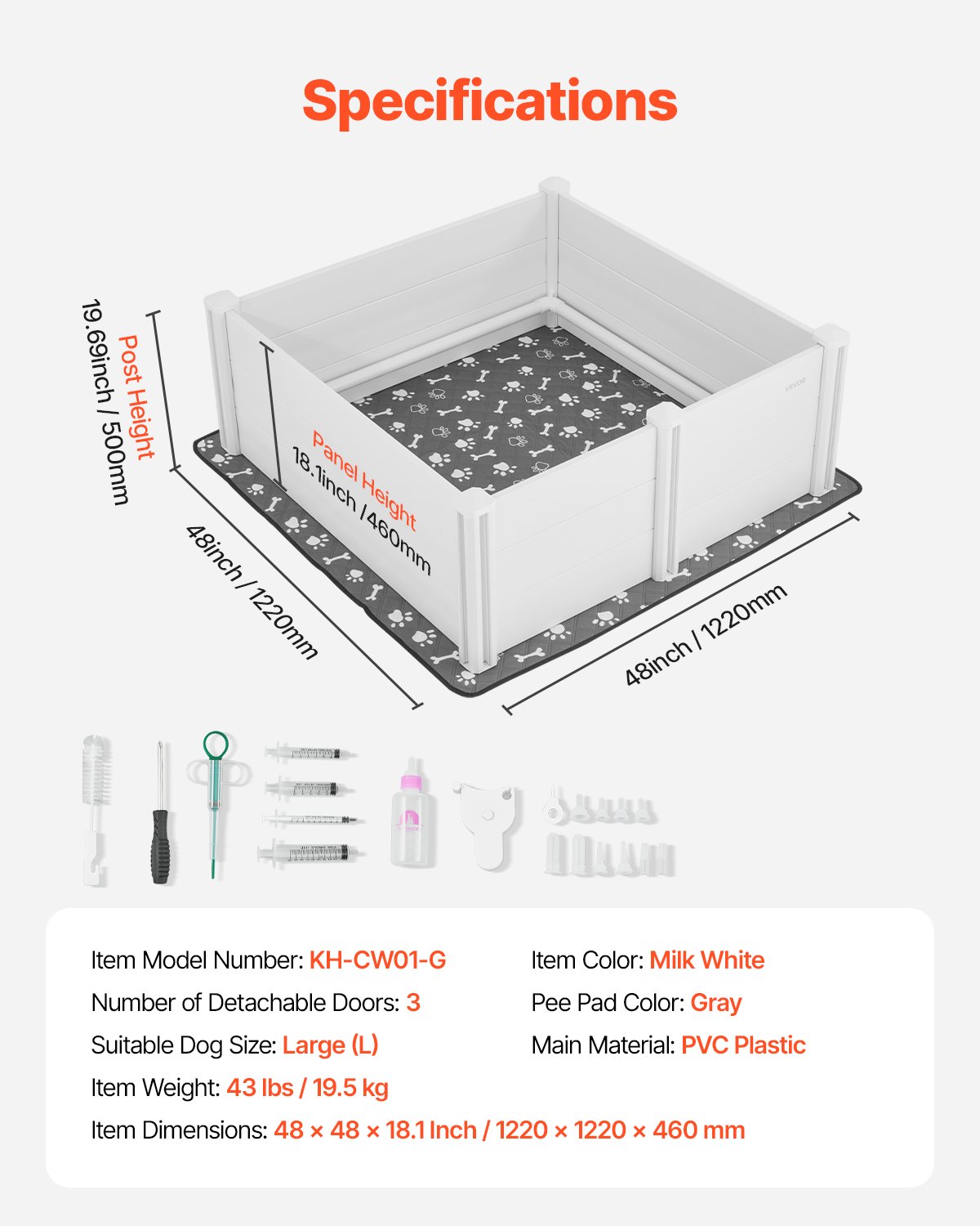 VEVOR Wurfkiste für Hunde, 122x122x46cm, Welpenlaufstall aus Kunststoff-PVC mit höhenverstellbarer Tür & waschbarer Pipi-Unterlage, verformungssicherer Welpenkiste für große Hunde, Milchweiß