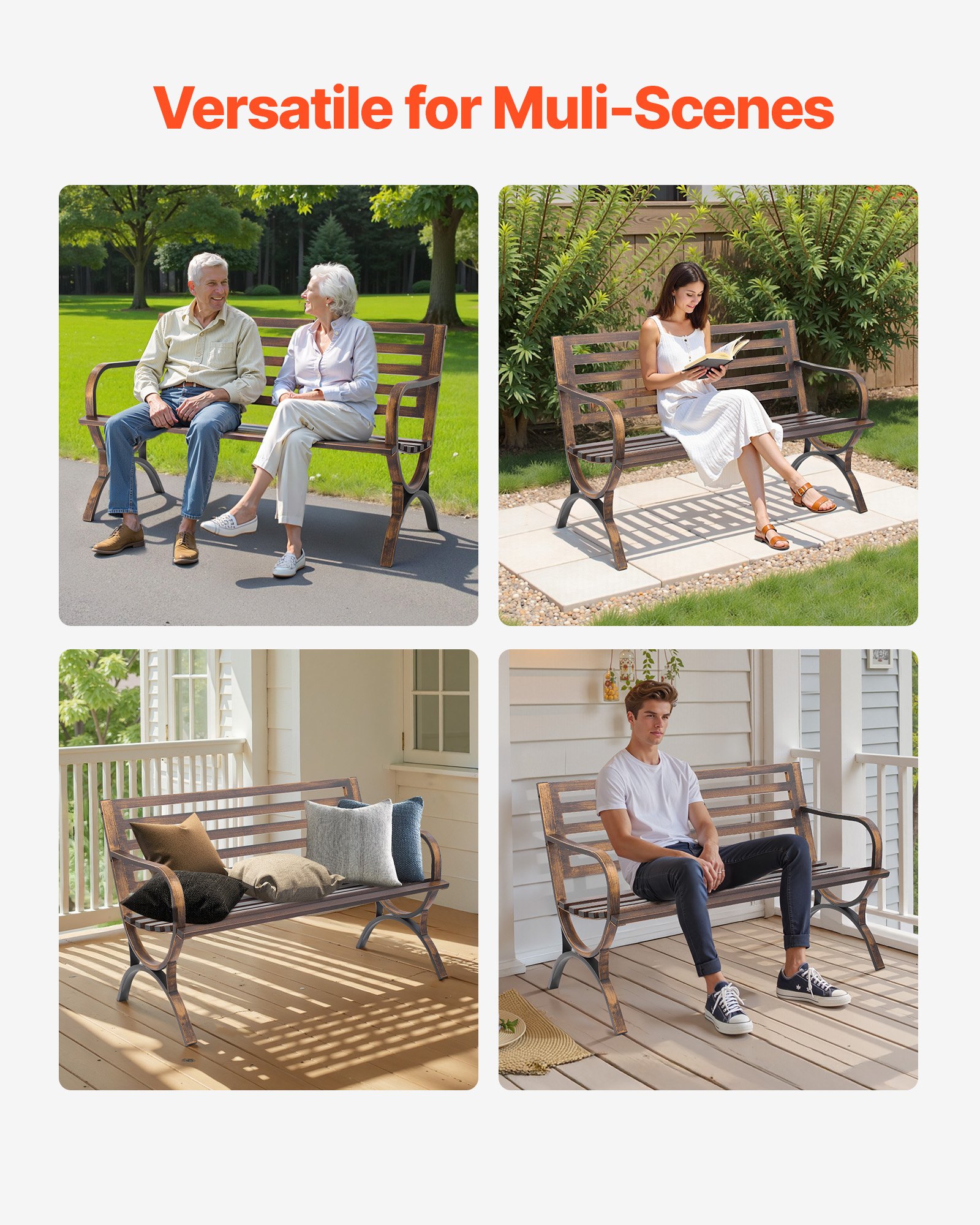 VEVOR Outdoor Bench, 127 cm, Carbon Steel Metal Frame with Slatted Pattern Backrest and Round Edge Armrests, Weatherproof Outside Bench for Patio, Garden, Park, Yard, Front Porch, Antique Bronze