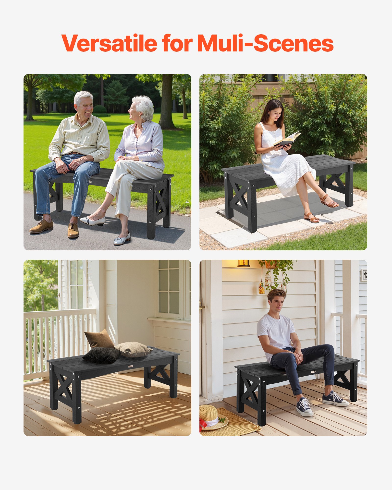 VEVOR Gartenbank Gartenmöbel Bänke 113 cm 272 kg Tragkraft, wetterfeste Verandabank mit verstellbaren Fußpolstern & dickem Bein, Terrassenbank aus Kunststoff für Garten Park Hof Veranda, Schwarz