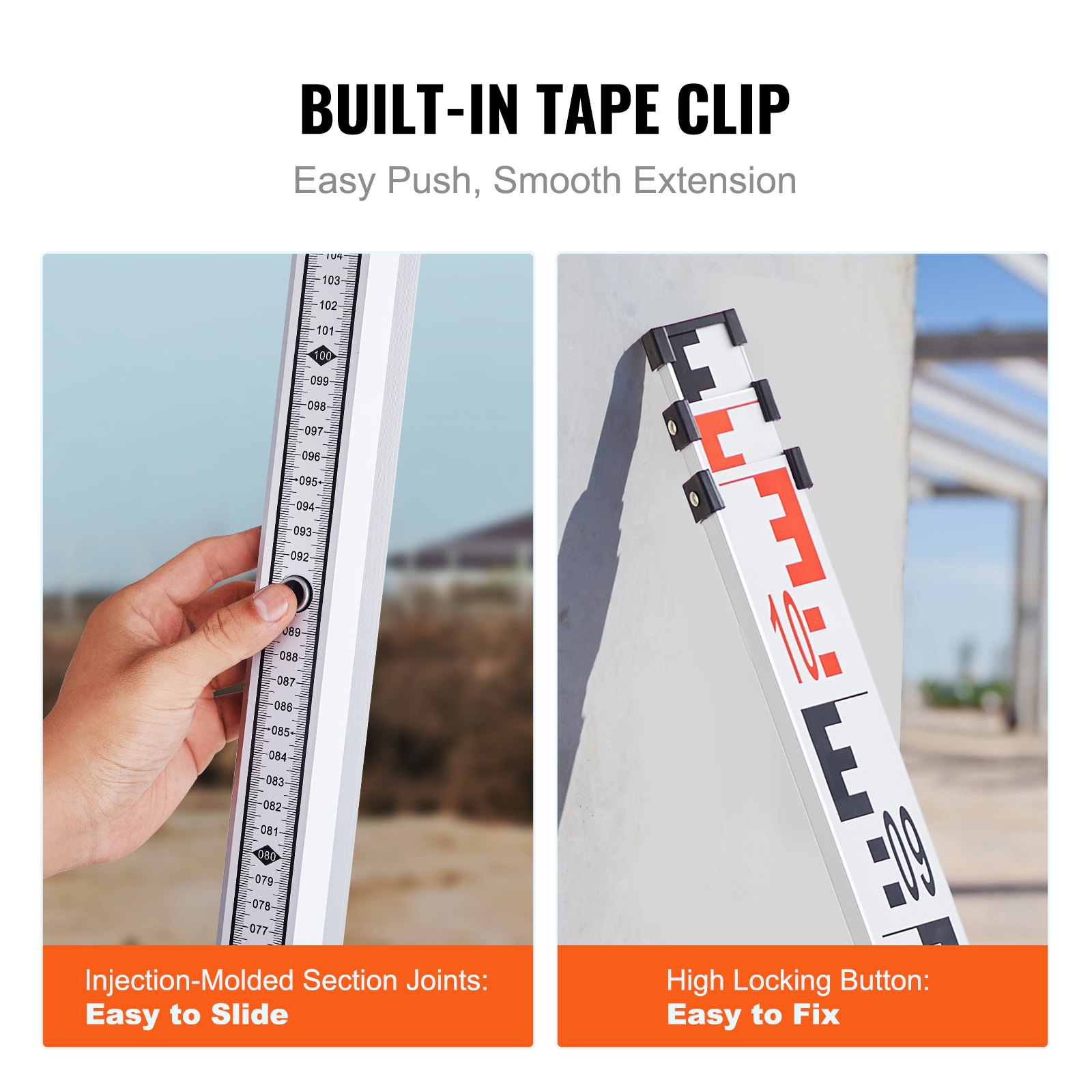 VEVOR Aluminium-Messlatte, 3 m metrische Teleskop-Messlatte, doppelseitige Skala in cm/mm, Nivellierlatte, Vermessungslatte aus Aluminiumlegierung mit Wasserwaage und Tragetasche zum Vermessen von Häusern, Wänden, Böden