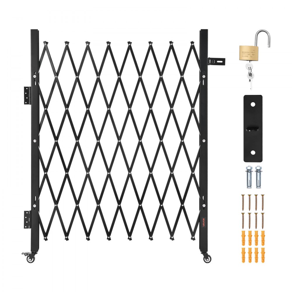 VEVOR Sicherheitstor (Einzel) abschließbares klappbares Scherentor mit 360°-Lenkrollen, einziehbare Stahltore Outdoor, für Eingangssicherheit Garage Lager, Falttor 170 x 131 cm (B x H) Schwarz
