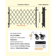 VEVOR Sicherheitstor (Einzel) abschließbares klappbares Scherentor mit 360°-Lenkrollen, einziehbare Stahltore Outdoor, für Eingangssicherheit Garage Lager, Falttor 170 x 131 cm (B x H) Schwarz