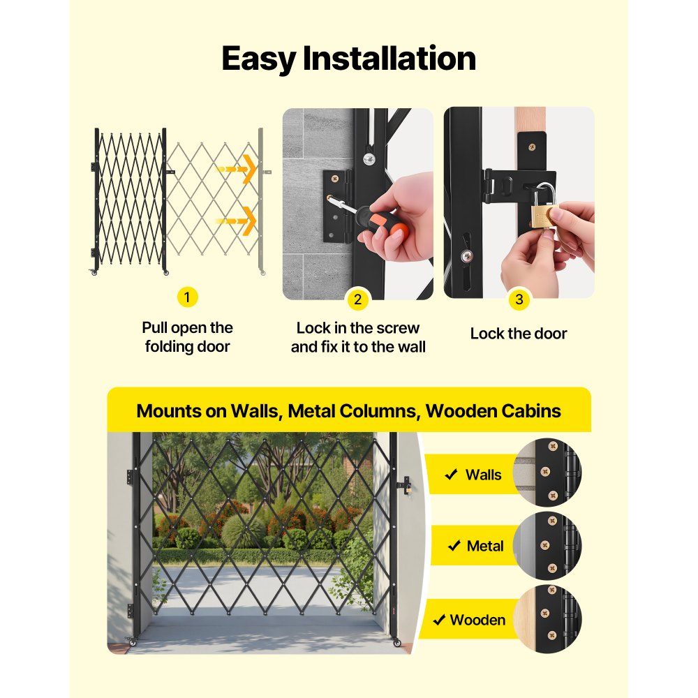 VEVOR Sicherheitstor (Einzel) abschließbares klappbares Scherentor mit 360°-Lenkrollen, einziehbare Stahltore Outdoor, für Eingangssicherheit Garage Lager, Falttor 180 x 161 cm (B x H) Schwarz