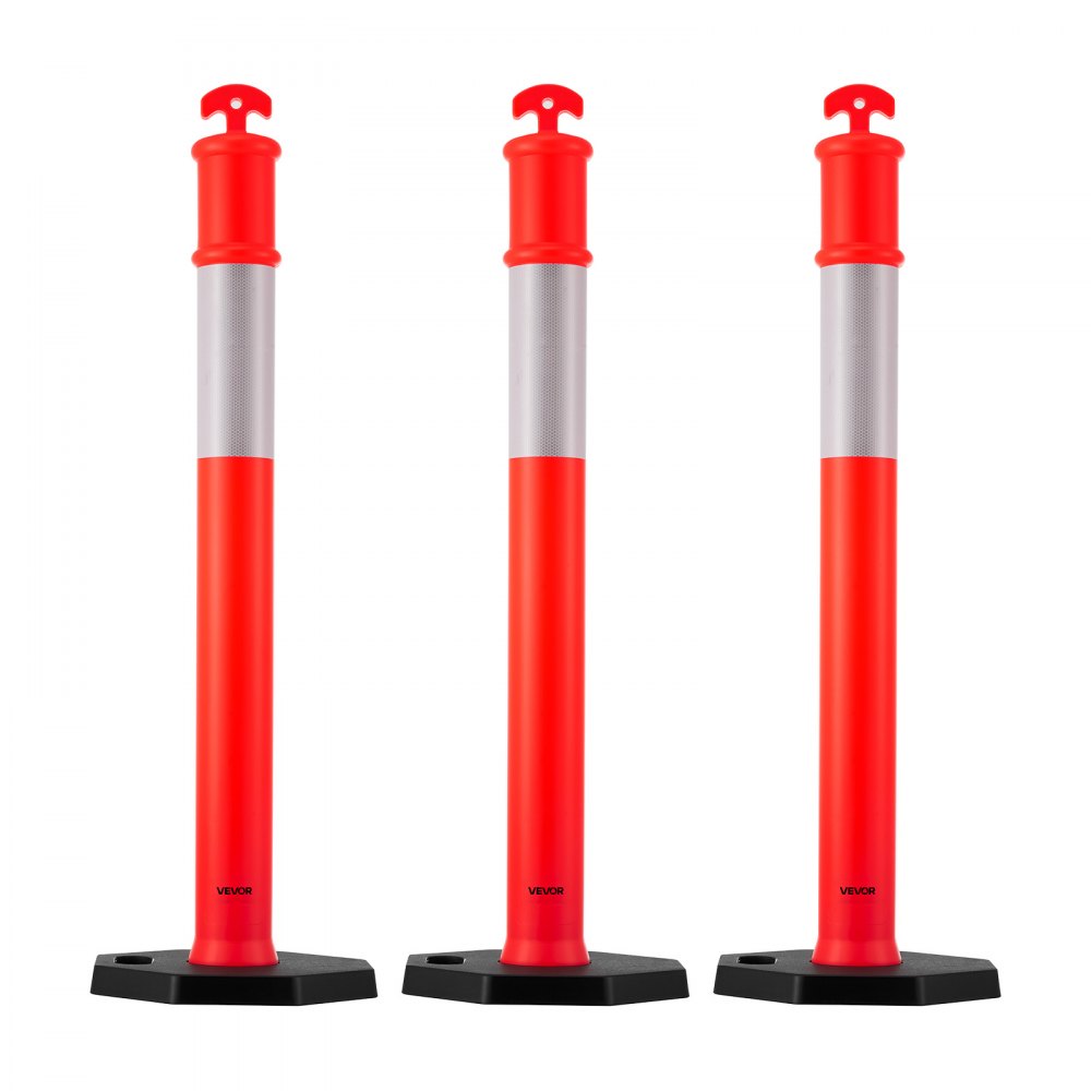 VEVOR 3 Pack Traffic Delineator Posts, 1140 mm Traffic Safety Cones with Weighted Base and Reflective Strips, Heavy Duty Delineator Posts for Construction Site, Parking Lot, Crowd Control, Red