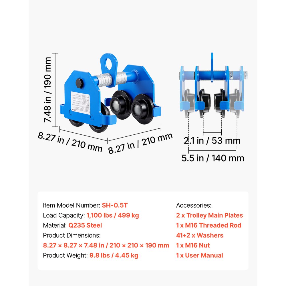 VEVOR Laufkatze mit 499 kg Tragkraft Manuelles Rollfahrwerk für I-Träger, Krankatze für Werkstatt Lager Fabrik, 53-140 mm Verstellbare Flanschbreite, 80 mm Doppelräder, Kohlenstoffstahlkonstruktion