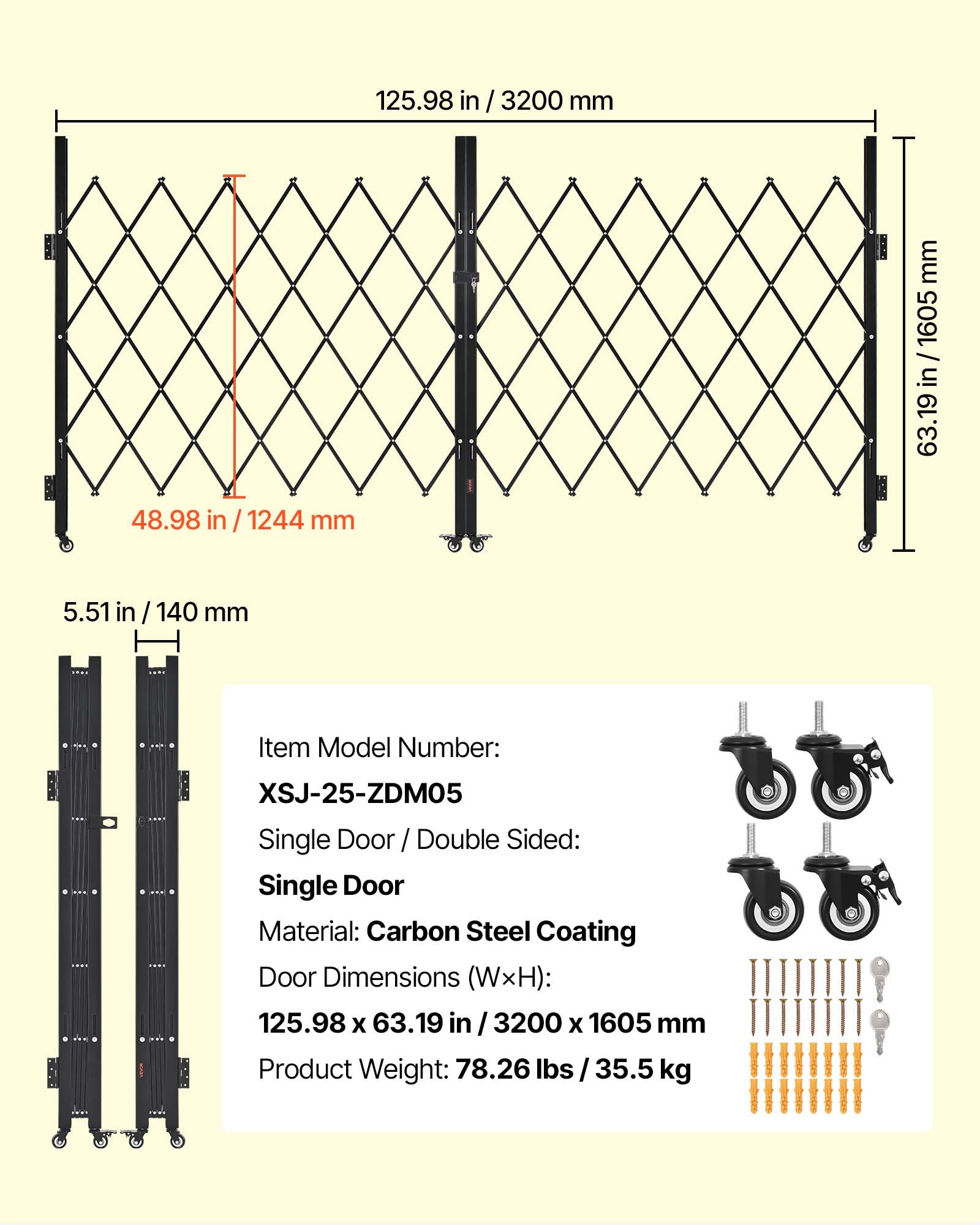 VEVOR Sicherheitstor abschließbar, doppelt klappbares Scherentor mit 360°-Lenkrollen, einziehbare Stahltore Outdoor, für Eingangssicherheit Garage Lager, Falttor 3200 x 1605 mm (B x H) Schwarz