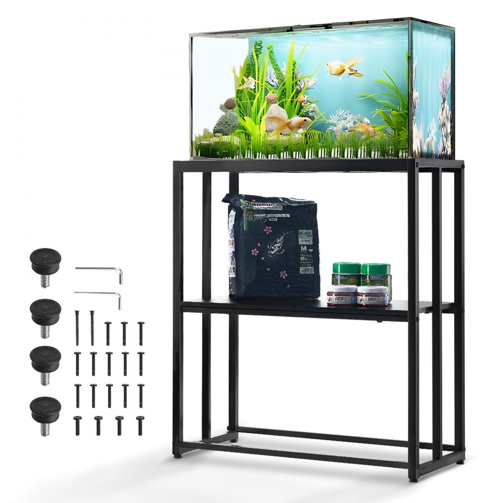 VEVOR Aquarienständer mit Fischbecken, Montageteilen und Aquarienzubehör wie Kies und Fischfutter.