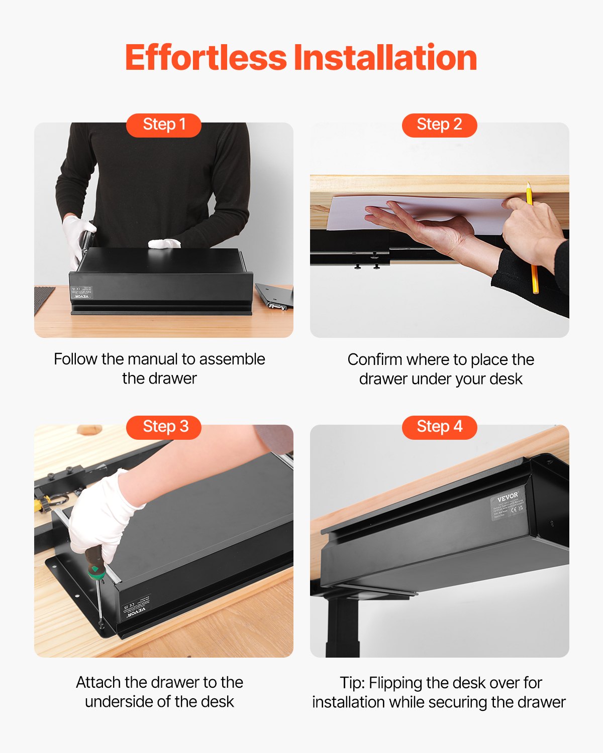 VEVOR Untertisch Schublade 440x223x101 mm, Unterbau Schreibtisch, versteckter Schreibtisch-Aufbewahrungs-Organizer, Bleistiftschublade unter dem Tisch für Sitz-Steh-Arbeitsplätze im Büro & zu Hause