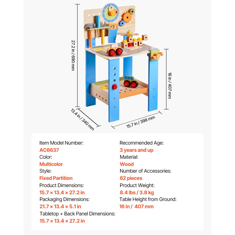 VEVOR Kinder Werkbank, 62-teilig, Holz-Werkzeugbank für Kinder ab 3 Jahren, Spielwerkzeuge Bauwerkzeuge mit realistischen Werkzeugen, Bauspielzeug-Set, kreatives und lehrreiches Konstruktionsspielzeug