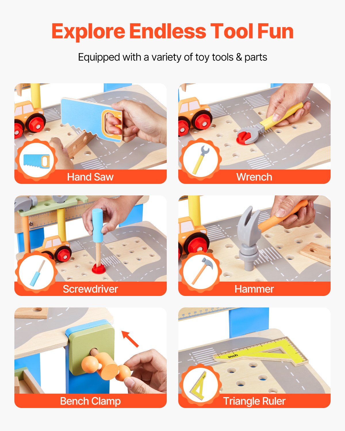 VEVOR Kinder Werkbank, 62-teilig, Holz-Werkzeugbank für Kinder ab 3 Jahren, Spielwerkzeuge Bauwerkzeuge mit realistischen Werkzeugen, Bauspielzeug-Set, kreatives und lehrreiches Konstruktionsspielzeug