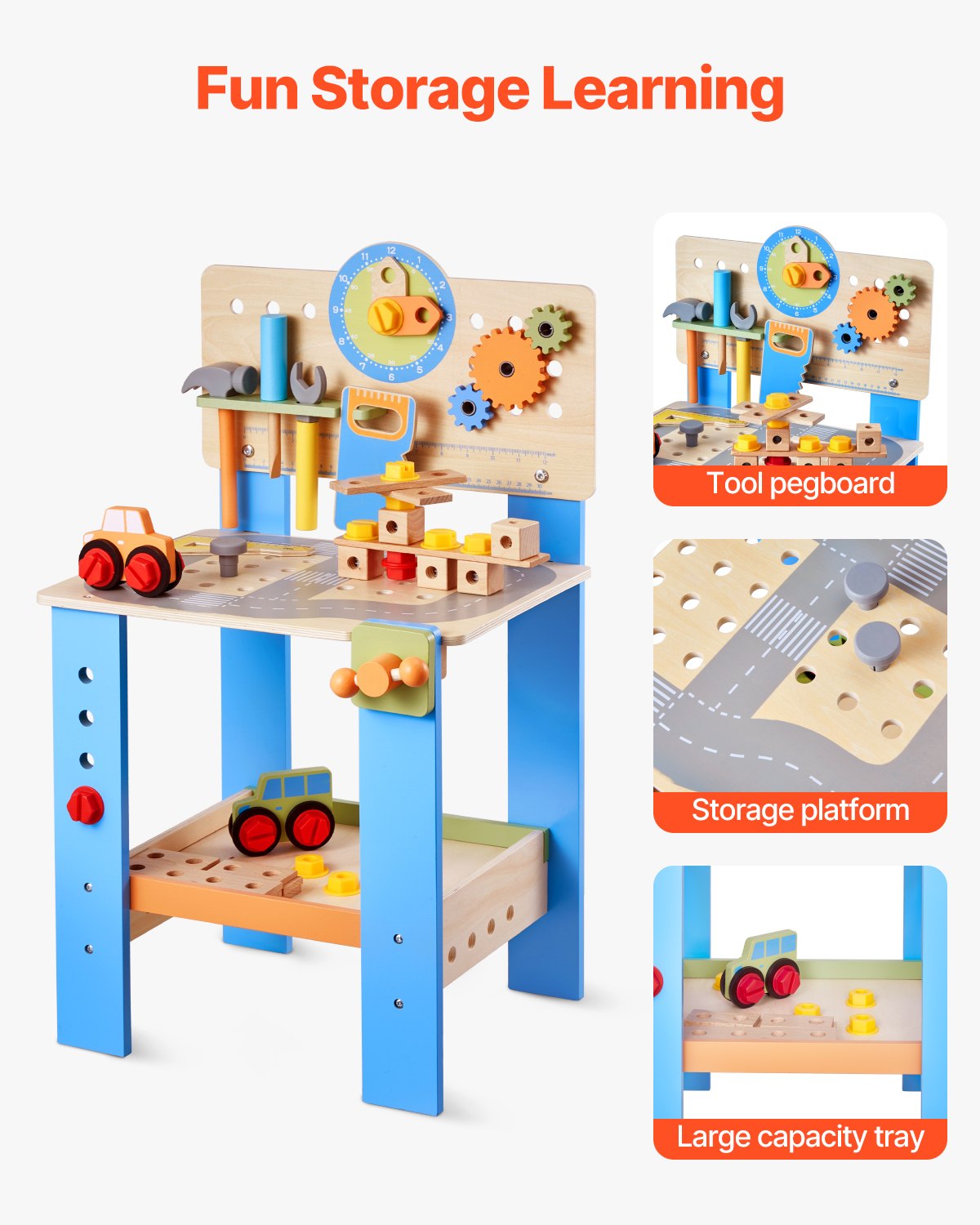 VEVOR Kinder Werkbank, 62-teilig, Holz-Werkzeugbank für Kinder ab 3 Jahren, Spielwerkzeuge Bauwerkzeuge mit realistischen Werkzeugen, Bauspielzeug-Set, kreatives und lehrreiches Konstruktionsspielzeug