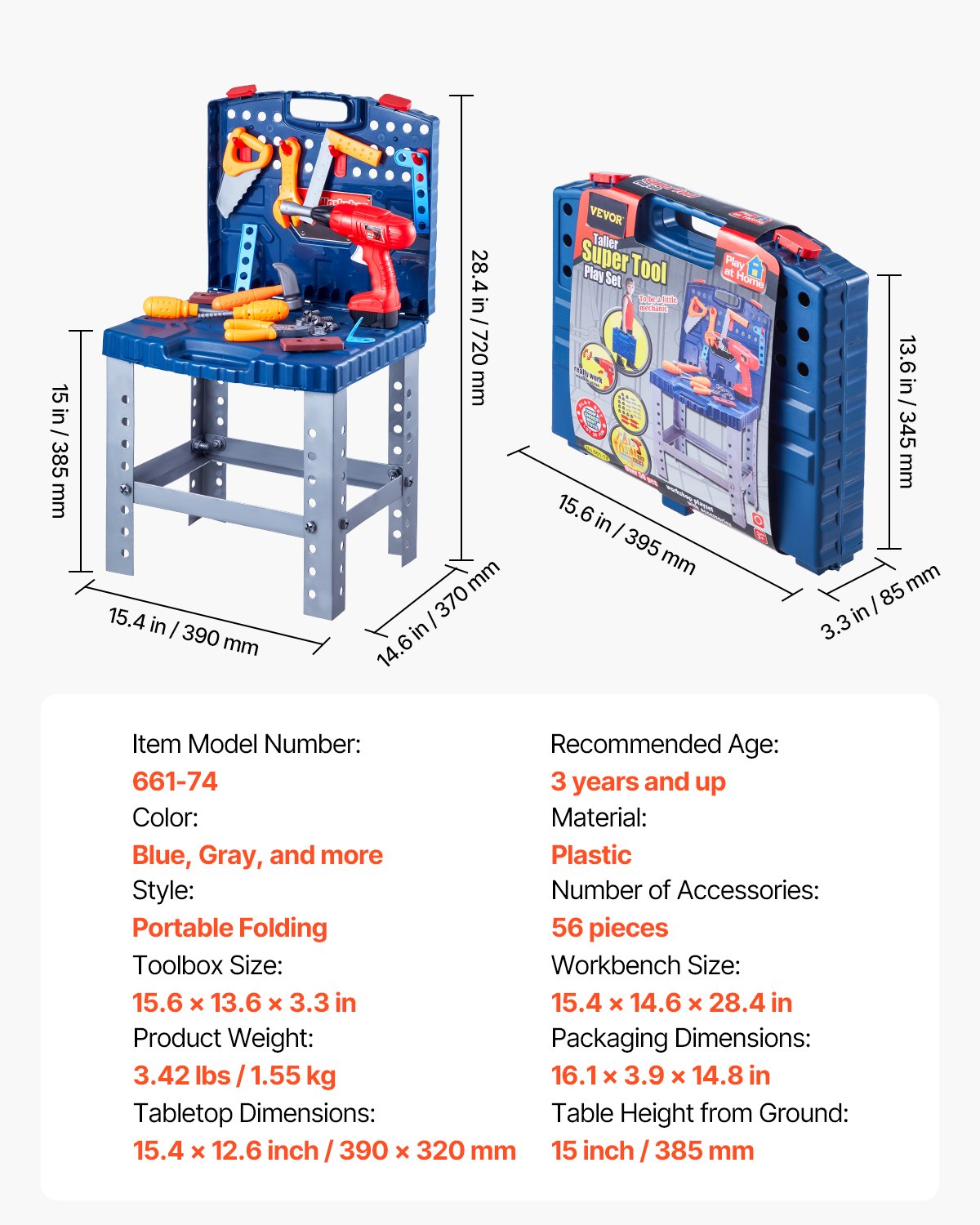 VEVOR Kinder-Werkbank, 56-teiliges Werkzeugset, Spielwerkzeuge mit realistischen Werkzeugen und elektrischer Bohrmaschine, Bauwerkzeug für Kleinkinder, für Kinder ab 3 Jahren