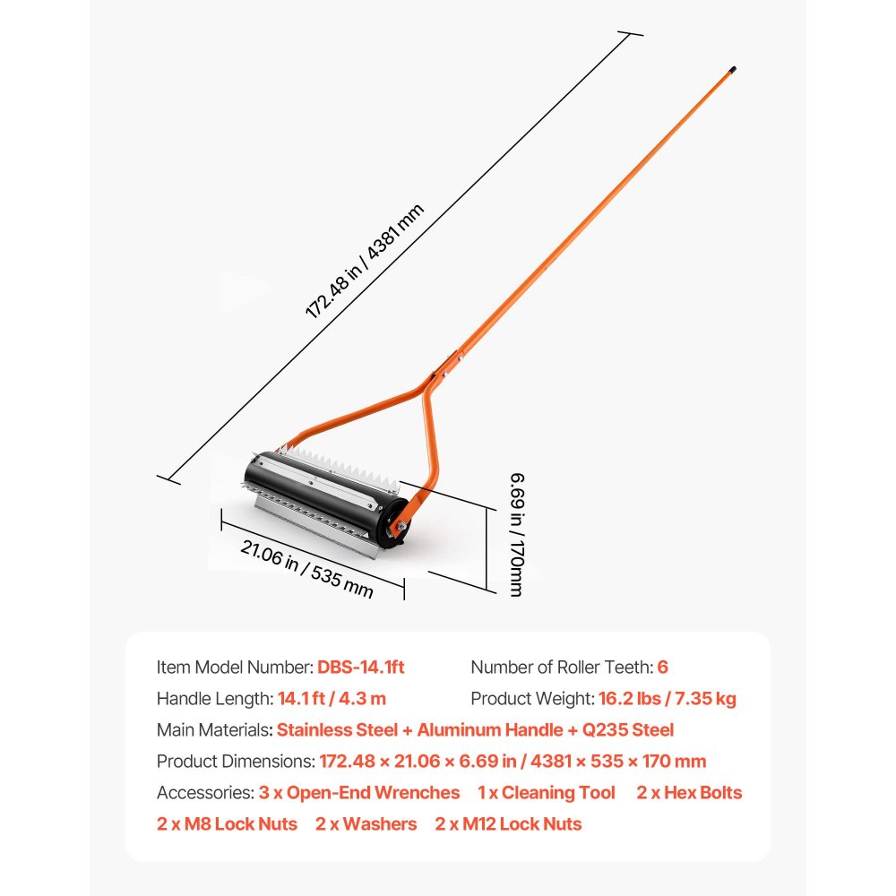 VEVOR Teichrechen 4,3 m, See-Unkrautwalze,  Edelstahl-Werkzeug zur Entfernung von See- & Teichunkraut, Schlammfräse, Wurzeln & Schlammablagerungen, 6 Vormontierte Edelstahlklingen, 4 Aluminiumgriffe