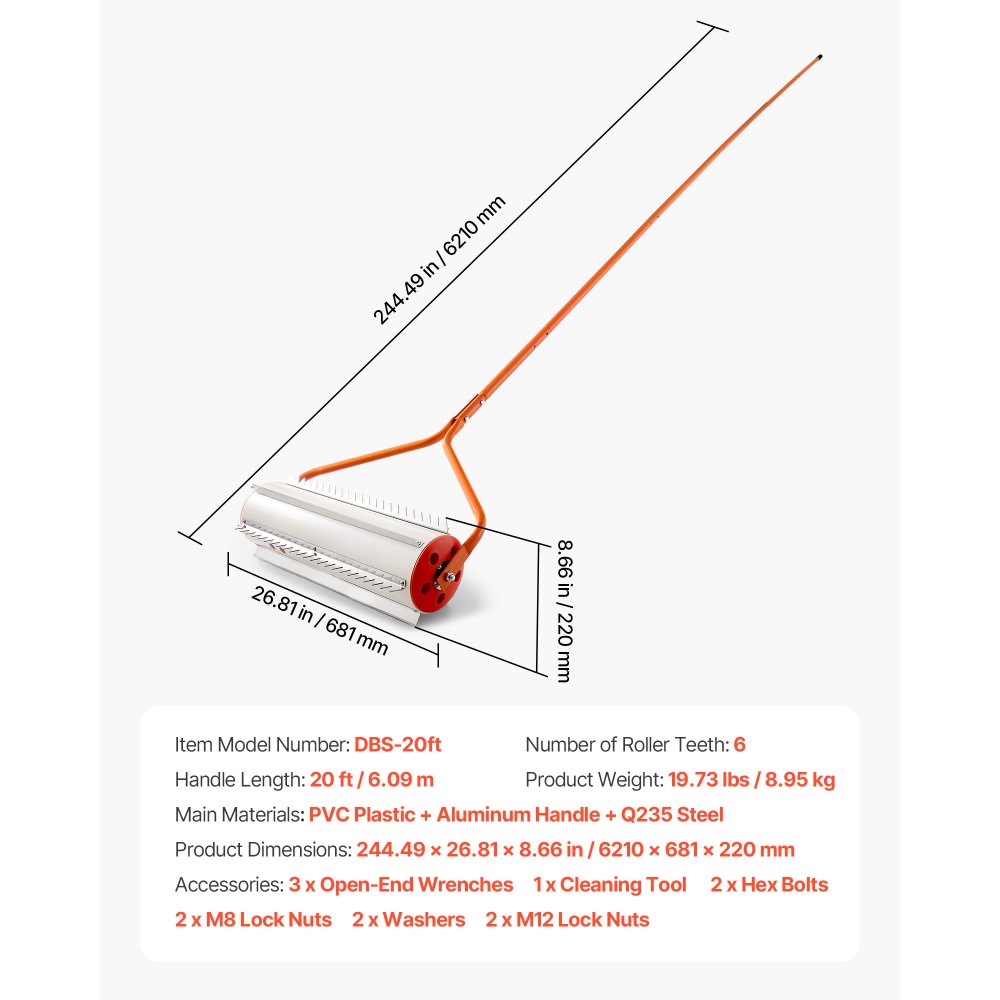 VEVOR Teichrechen 6,09 m, See- & Teich-Unkrautwalze zur Unkrautentfernung, Schlammfräse, Wurzeln & Schlammablagerungen, 6 Vormontierte Edelstahlklingen, 6 Aluminiumgriffe