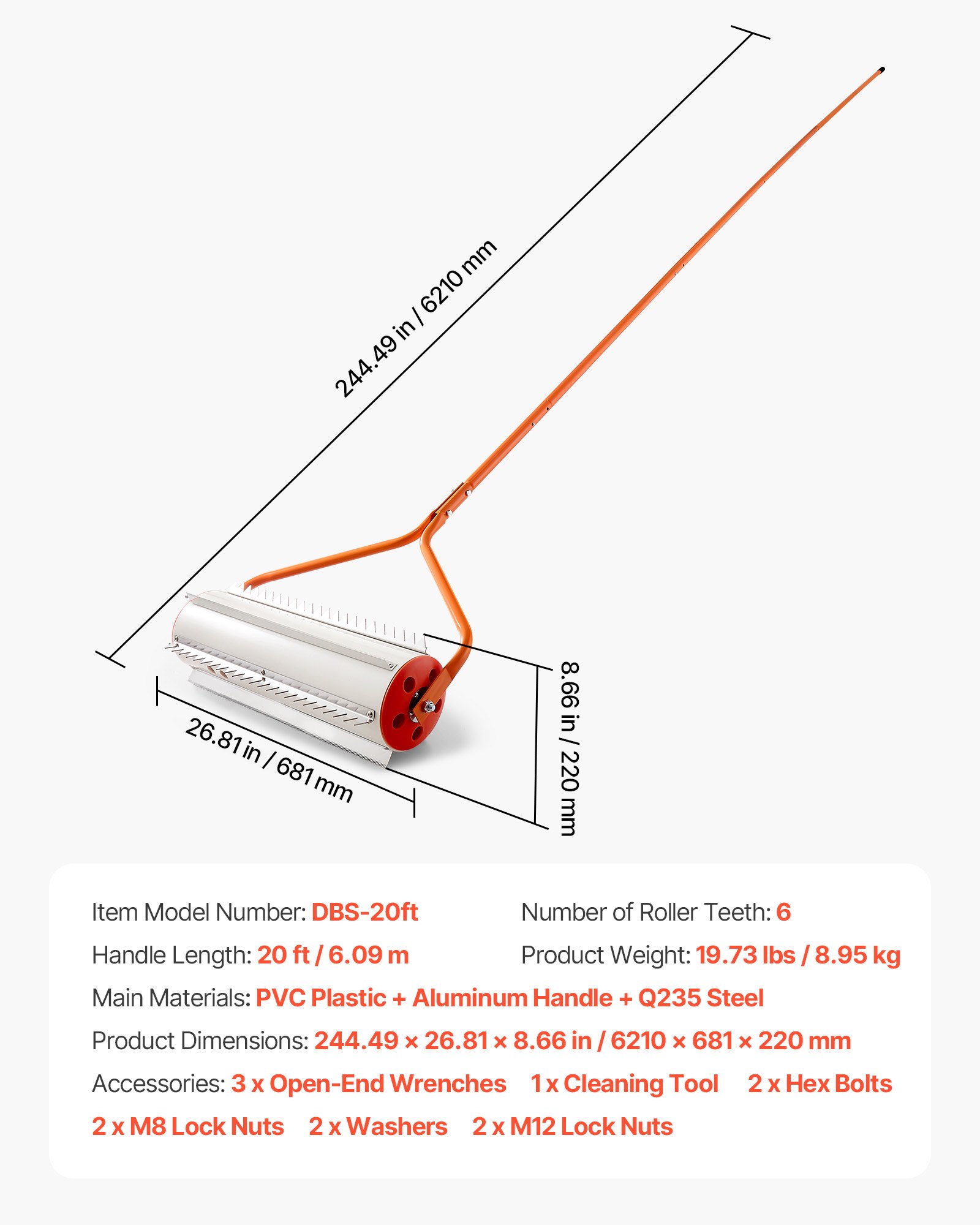 VEVOR Teichrechen 6,09 m, See- & Teich-Unkrautwalze zur Unkrautentfernung, Schlammfräse, Wurzeln & Schlammablagerungen, 6 Vormontierte Edelstahlklingen, 6 Aluminiumgriffe