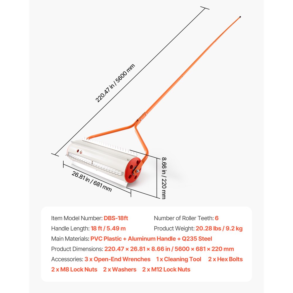 VEVOR Teichrechen 5,49 m, See- & Teichunkrautwalze zur Entfernung von See- & Teichunkraut, Schlammfräse, Wurzeln & Schlammablagerungen, 6 vormontierte Edelstahlklingen, 5 Aluminiumgriffe