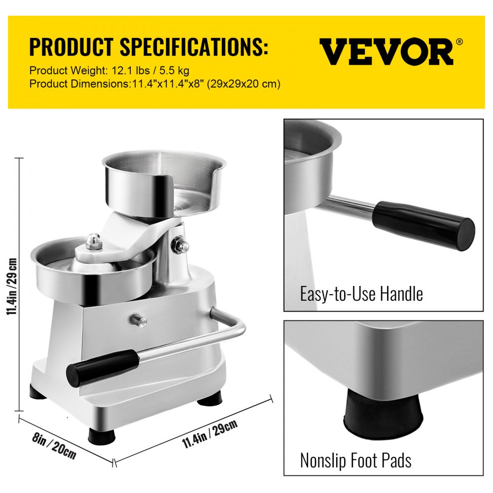 VEVOR Burgerpresse Edelstahl mit Durchmesser von 130 mm Burger Patti Presse Burger ehemalige wirtschaftliche Hamburger Presse einfach zu bedienen und