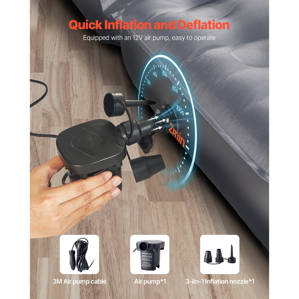 VEVOR Auto Luftmatratze aufblasbare Campingmatratze verdickte Reisebetten aus Oxford tragbare Isomatte mit Luftpumpe & Düse & Tragetasche, für die meisten SUVs MPVs Limousinen, Grau